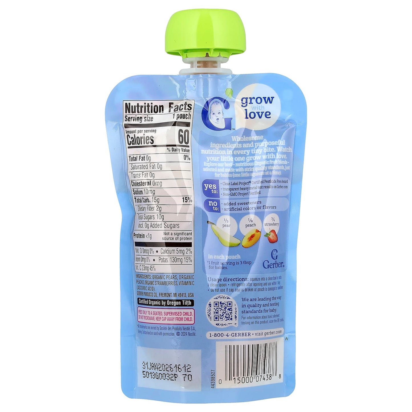 Gerber Organic Baby Food, Pear, Peach, Strawberry, 3.5 oz, 2nd Foods - Image 2