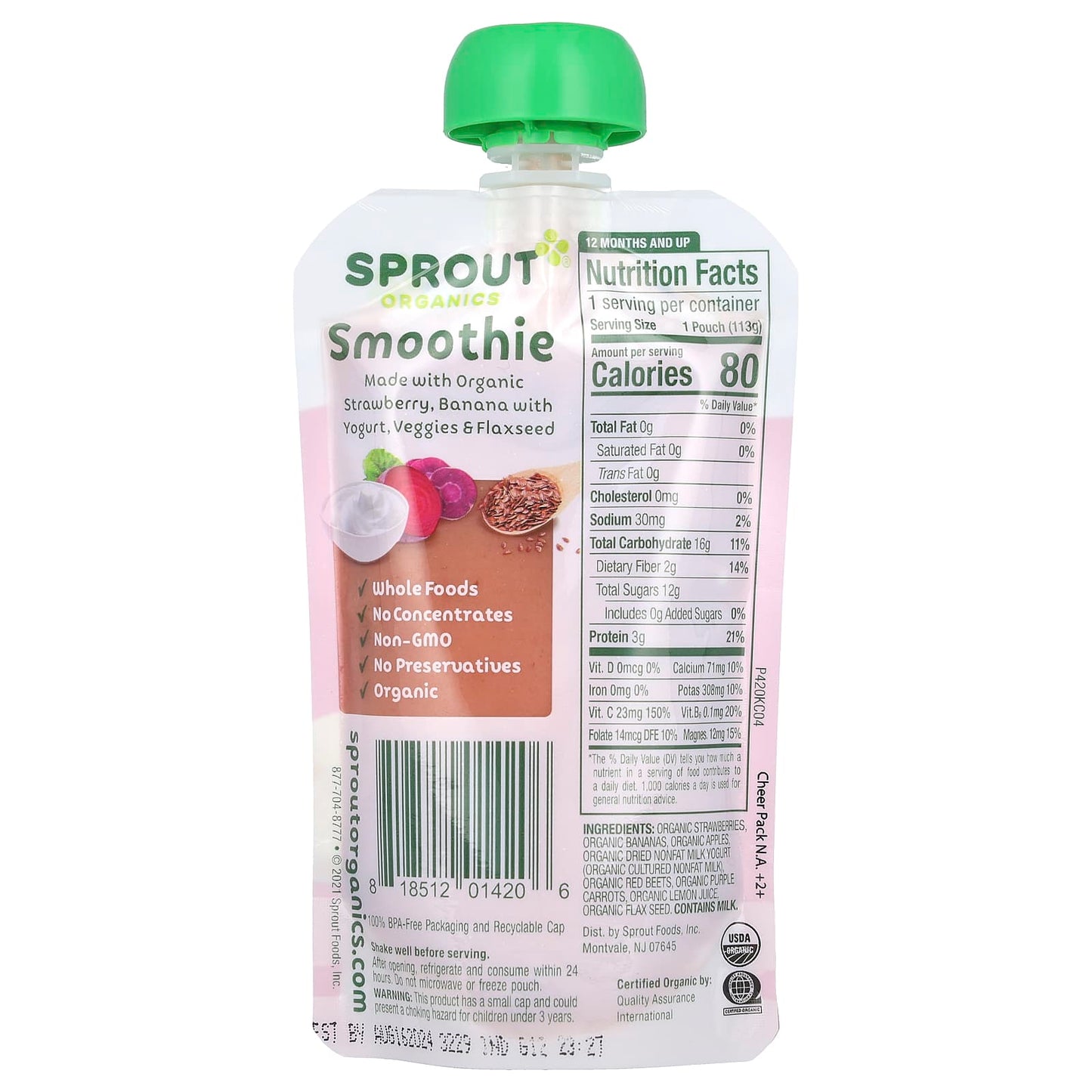 Sprout Organics, Baby Food, Smoothie, 12 Months & Up, Strawberry, Banana With Yogurt, Veggies & Flax Seed, 4 oz ( 113 g) - Image 2