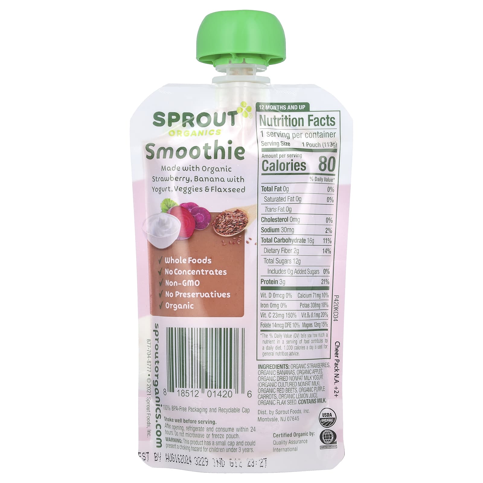 Sprout Organics, Baby Food, Smoothie, 12 Months & Up, Strawberry, Banana With Yogurt, Veggies & Flax Seed, 4 oz ( 113 g) - Image 2