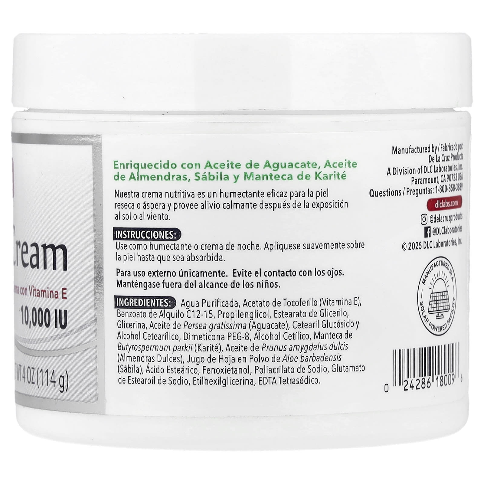 De La Cruz Vitamin E Moisturizing Cream, 4 oz, Fragrance Free - Image 2