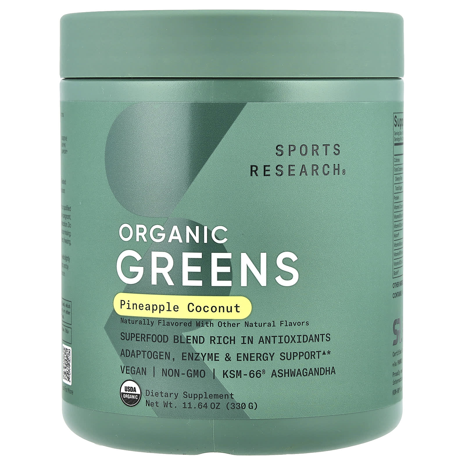 Sports Research, Organic Greens, Pineapple Coconut, 11.64 oz (330 g) - Image 1