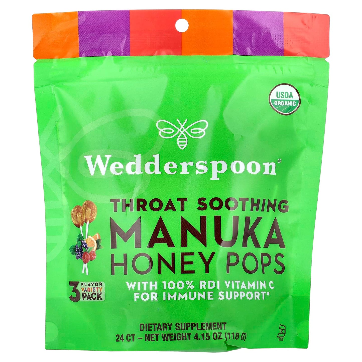 Wedderspoon, Throat Soothing Manuka Honey Pops, 3 Flavor Variety Pack, 24 Count, 4.15 oz (118 g) - Image 1