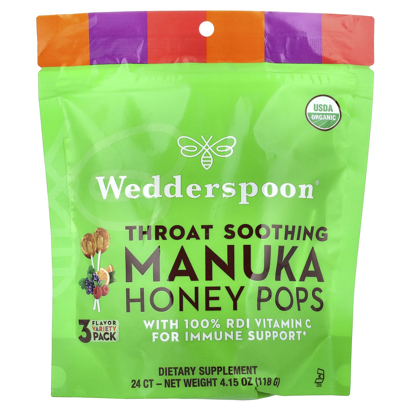 Wedderspoon, Throat Soothing Manuka Honey Pops, 3 Flavor Variety Pack, 24 Count, 4.15 oz (118 g) - Image 1
