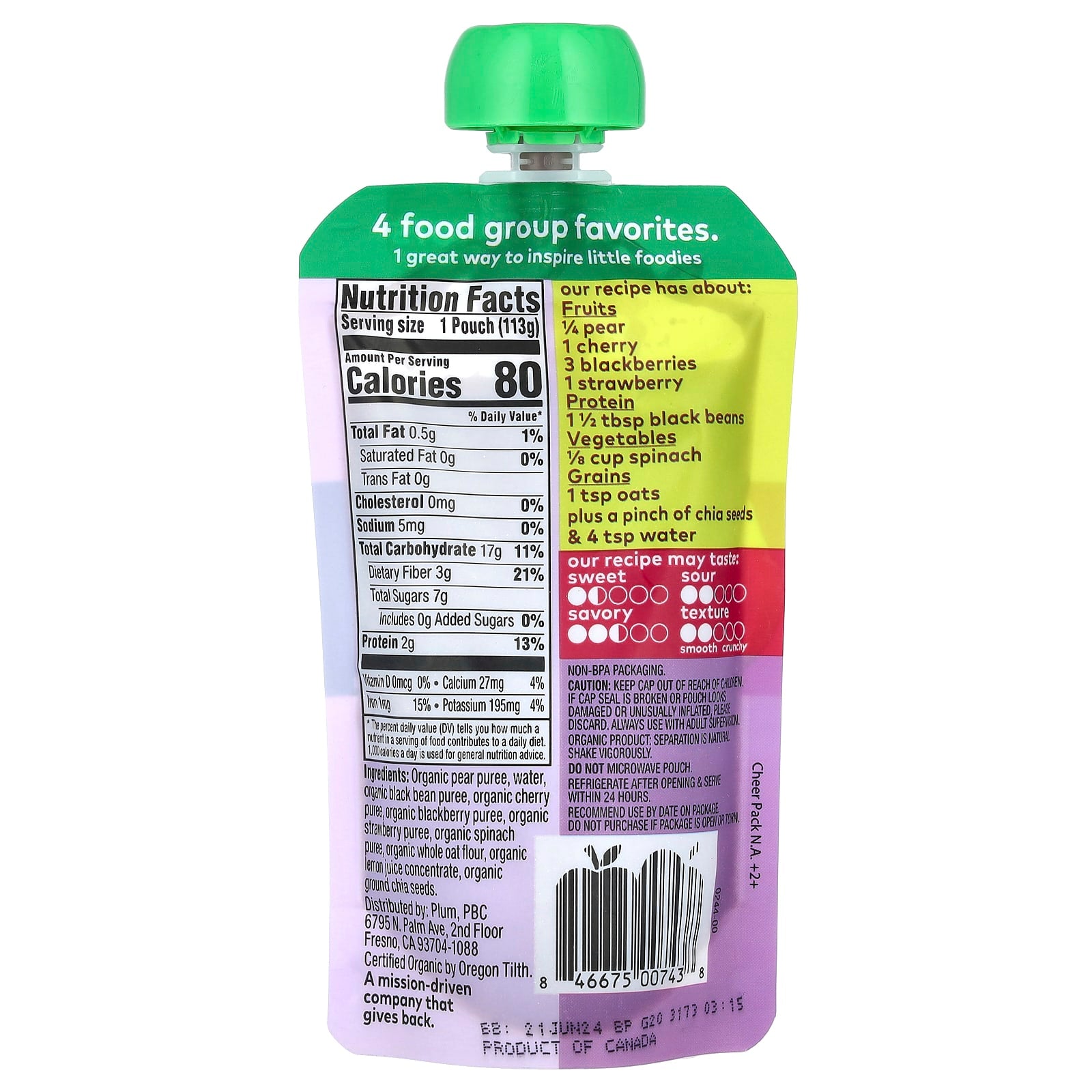 Plum Organics, Mighty 4 Food Group Blend, Tots, Pear, Cherry, Blackberry, Strawberry, Black Bean, Spinach & Oat, 4 oz (113 g) - Image 2