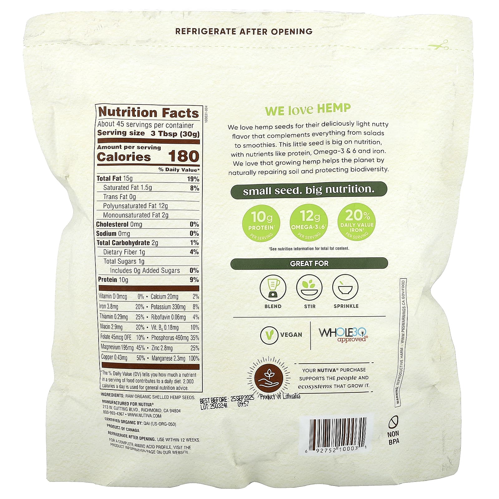 Nutiva, Organic Hemp Seeds, Raw Shelled, 3 lbs (1.36 kg) - Image 2