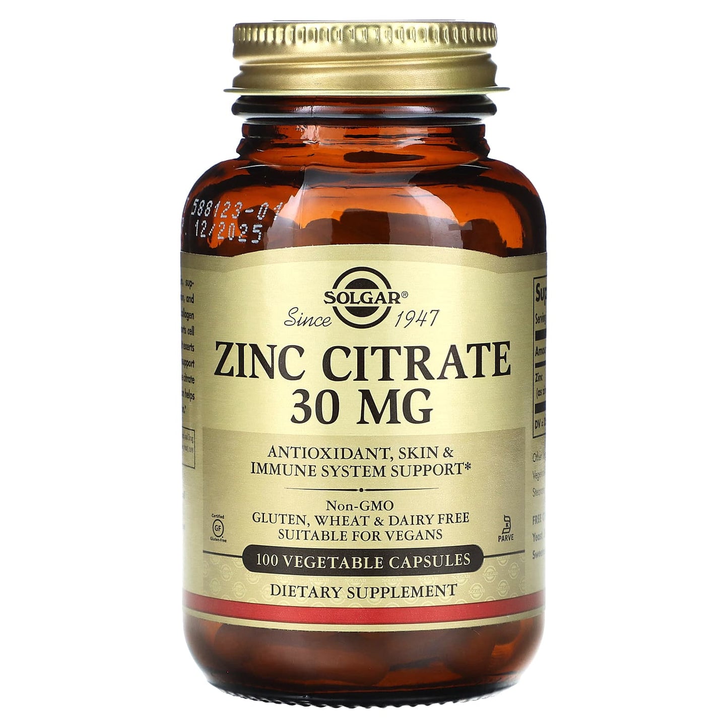 Solgar, Zinc Citrate, 30 mg, 100 Vegetable Capsules - Image 1