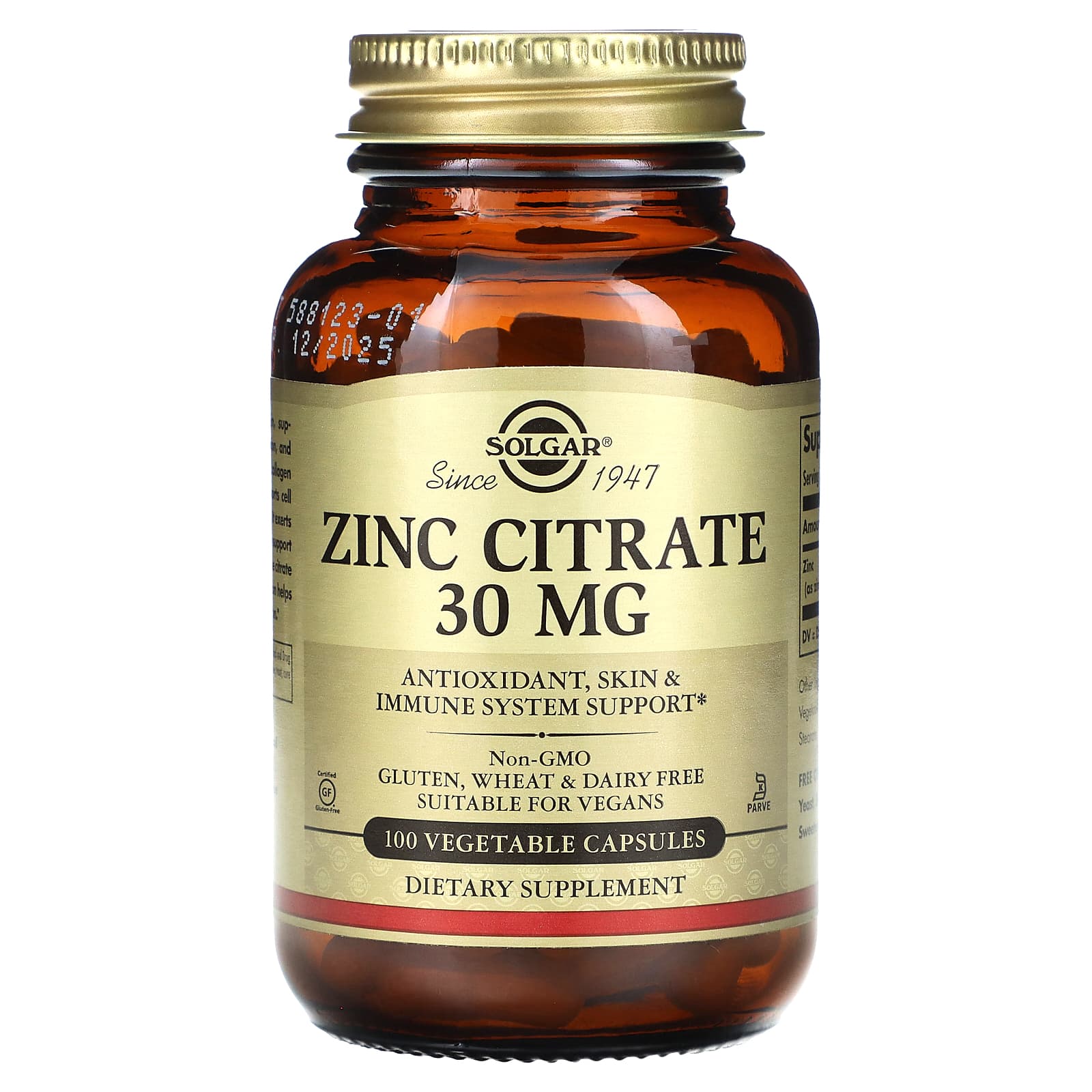 Solgar, Zinc Citrate, 30 mg, 100 Vegetable Capsules - Image 1