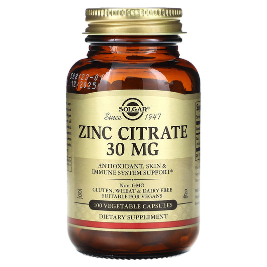 Solgar, Zinc Citrate, 30 mg, 100 Vegetable Capsules - Image 1