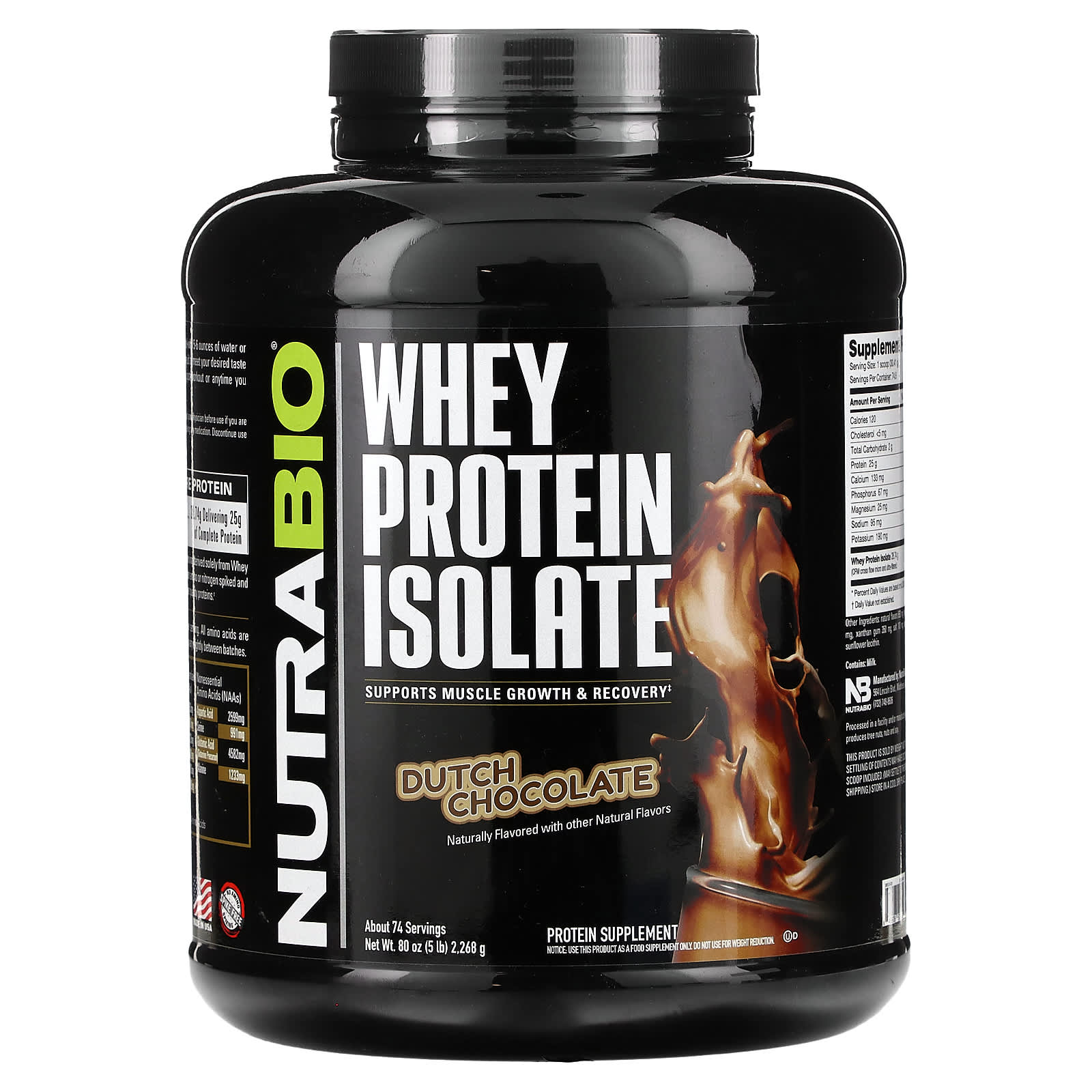 NutraBio, Whey Protein Isolate, Dutch Chocolate, 5 lb (2,268 g) - Image 1