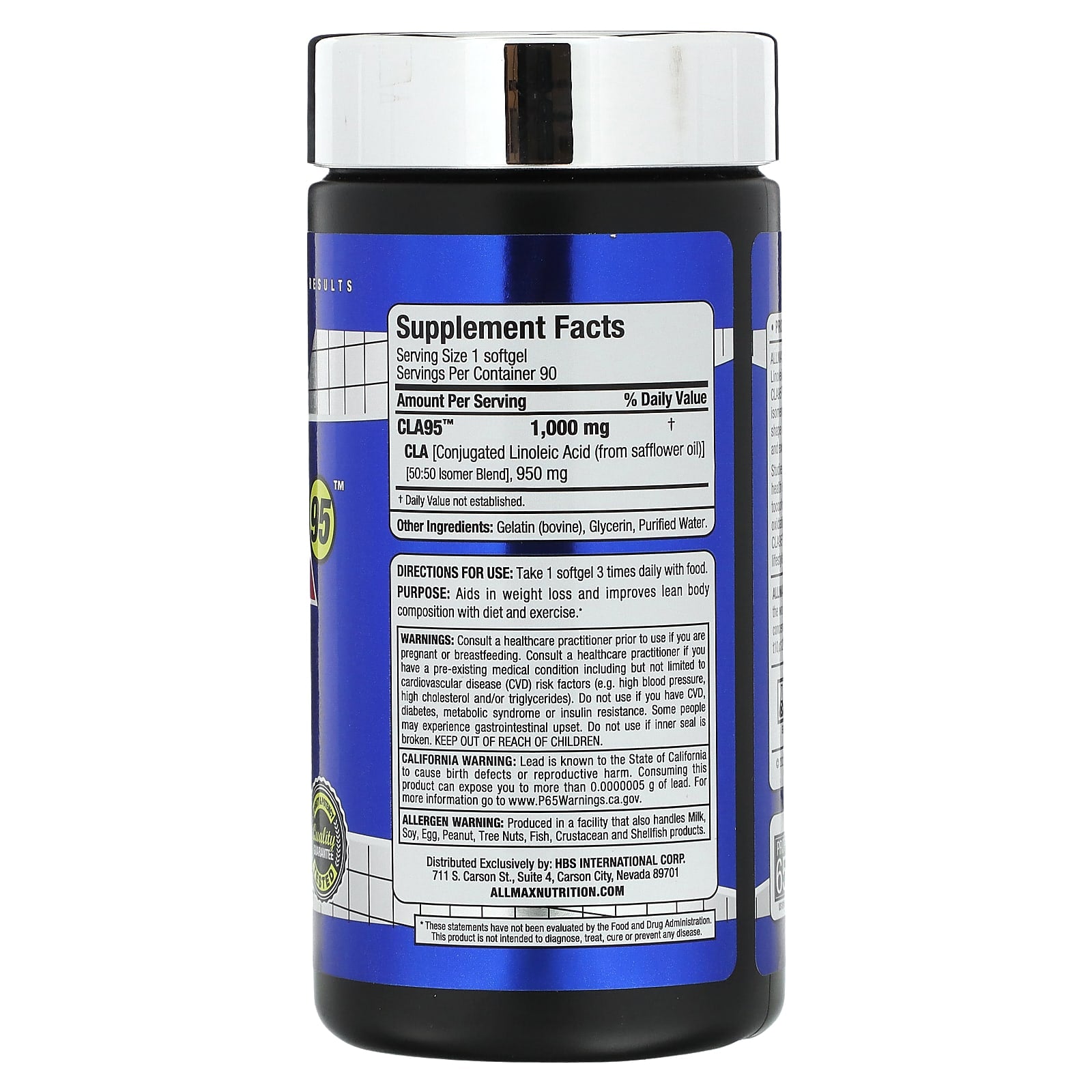 ALLMAX CLA95, 95% Active Conjugated Linoleic Acid, 1,000mg, 90 Softgels - Image 2