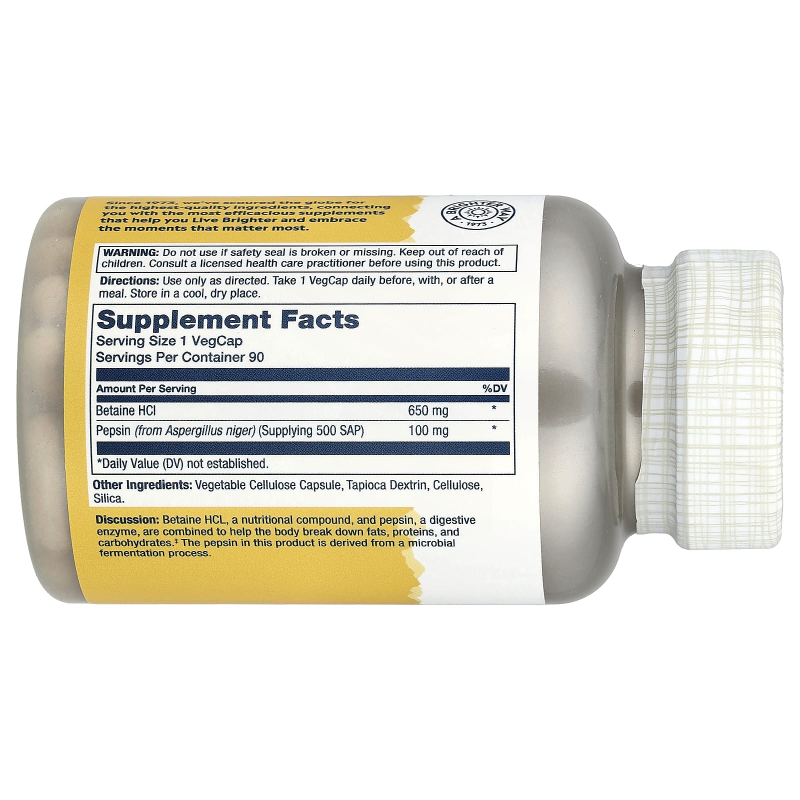 Solaray, Betaine HCL with Pepsin, 90 VegCaps - Image 2