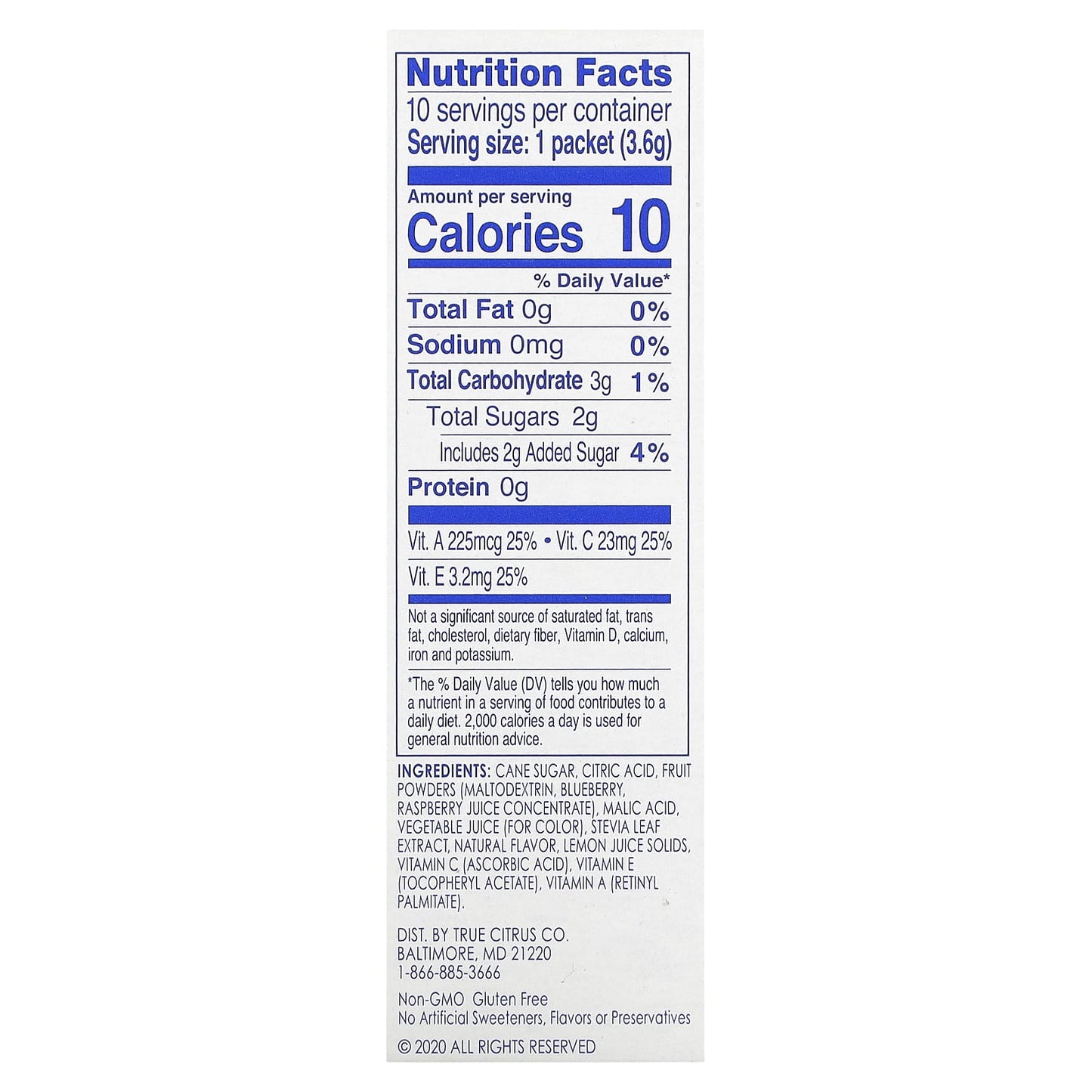 True Citrus, True Lemon, Kids Drink Mix, Blue Raspberry, 10 Packets, 0.13 oz (3.6 g) Each - Image 2