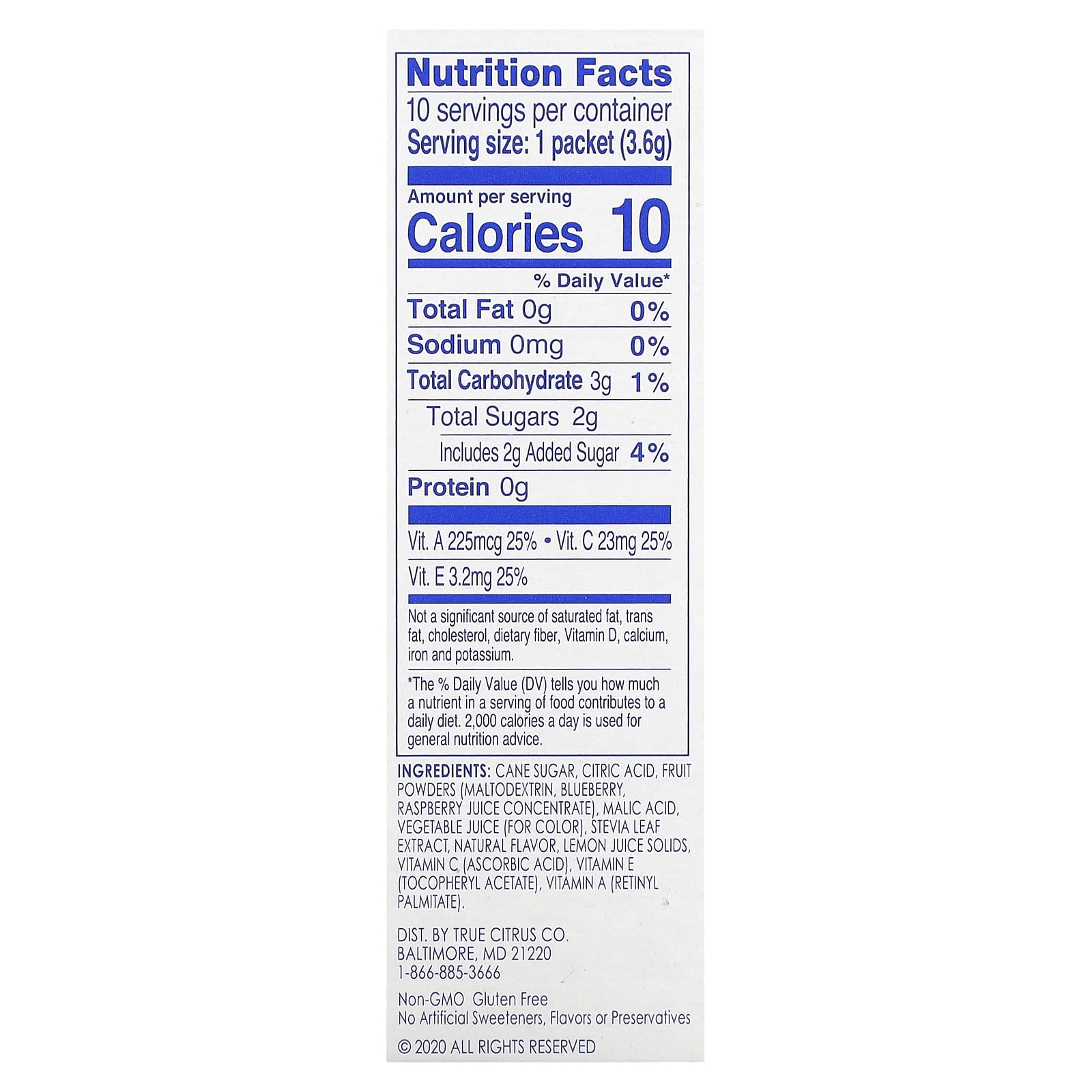 True Citrus, True Lemon, Kids Drink Mix, Blue Raspberry, 10 Packets, 0.13 oz (3.6 g) Each - Image 2