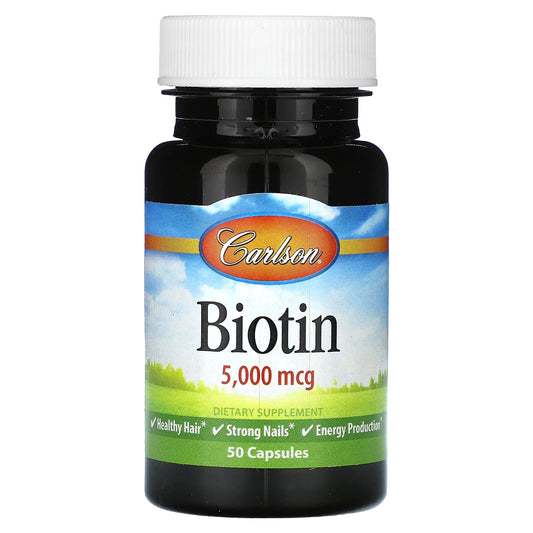 Boost Hair & Nail Health with Carlson Biotin 5,000 mcg, 50 Capsules - Image 1