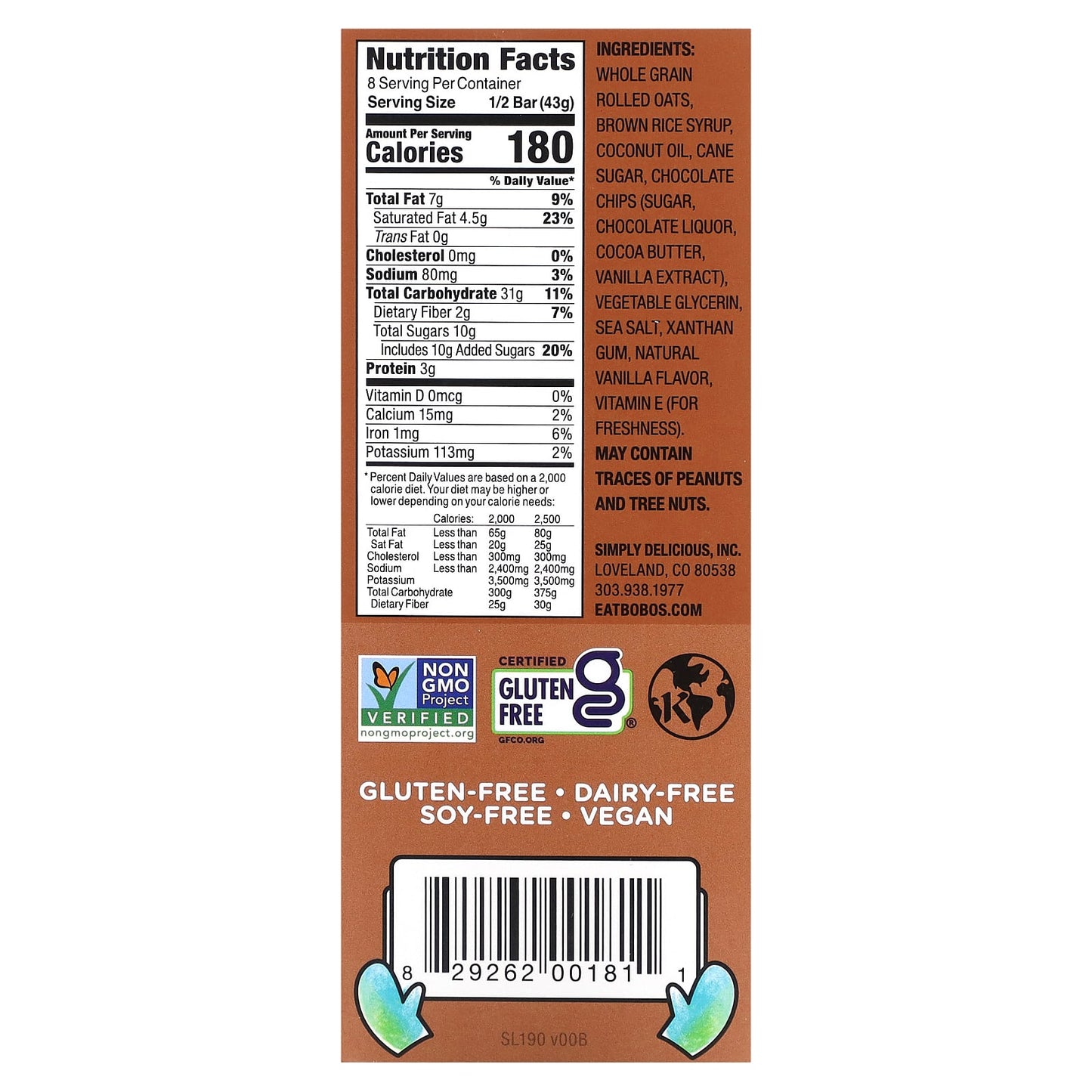 Bobo's Chocolate Chip Oat Bars - Vegan, Gluten Free, 4 Bars - Image 2