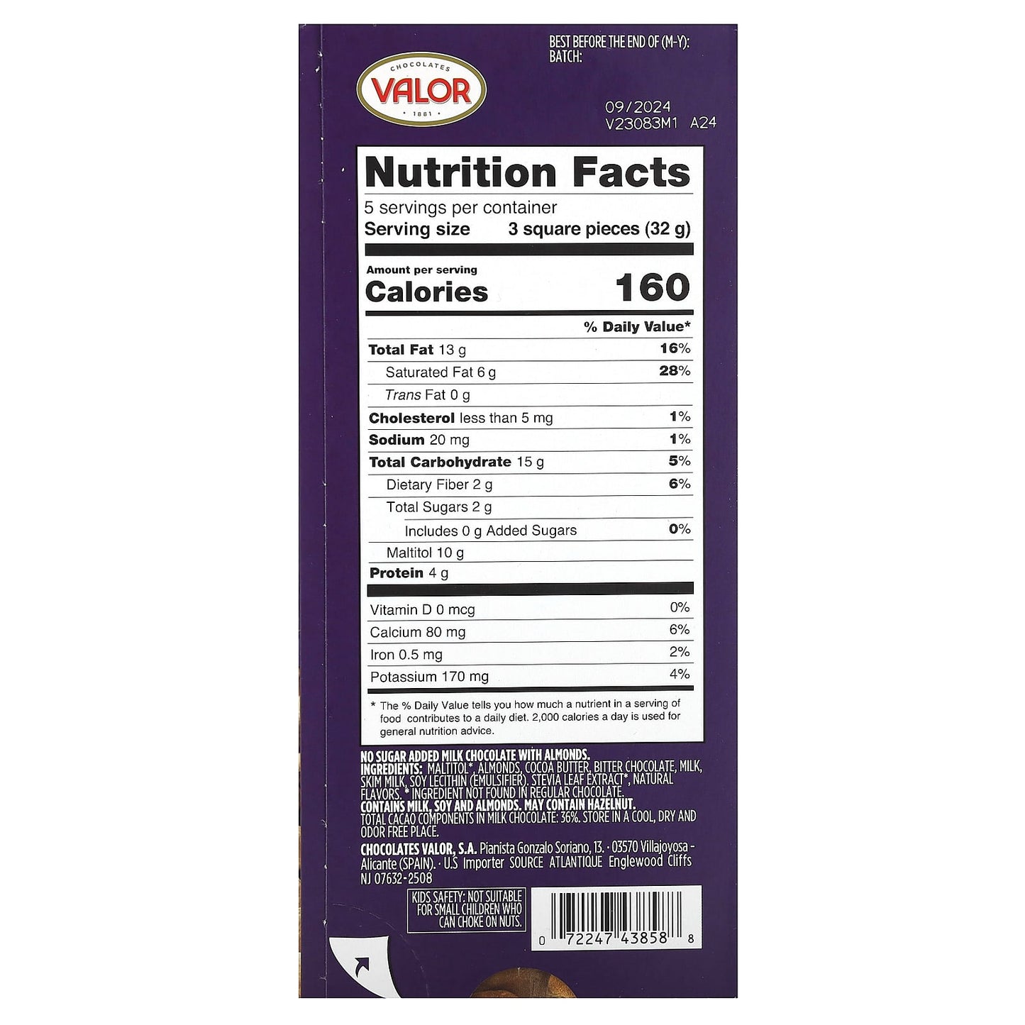 Valor, Chocolates, Milk Chocolate with Almonds, 0% Sugar Added, 5.3 oz (150 g) - Image 2