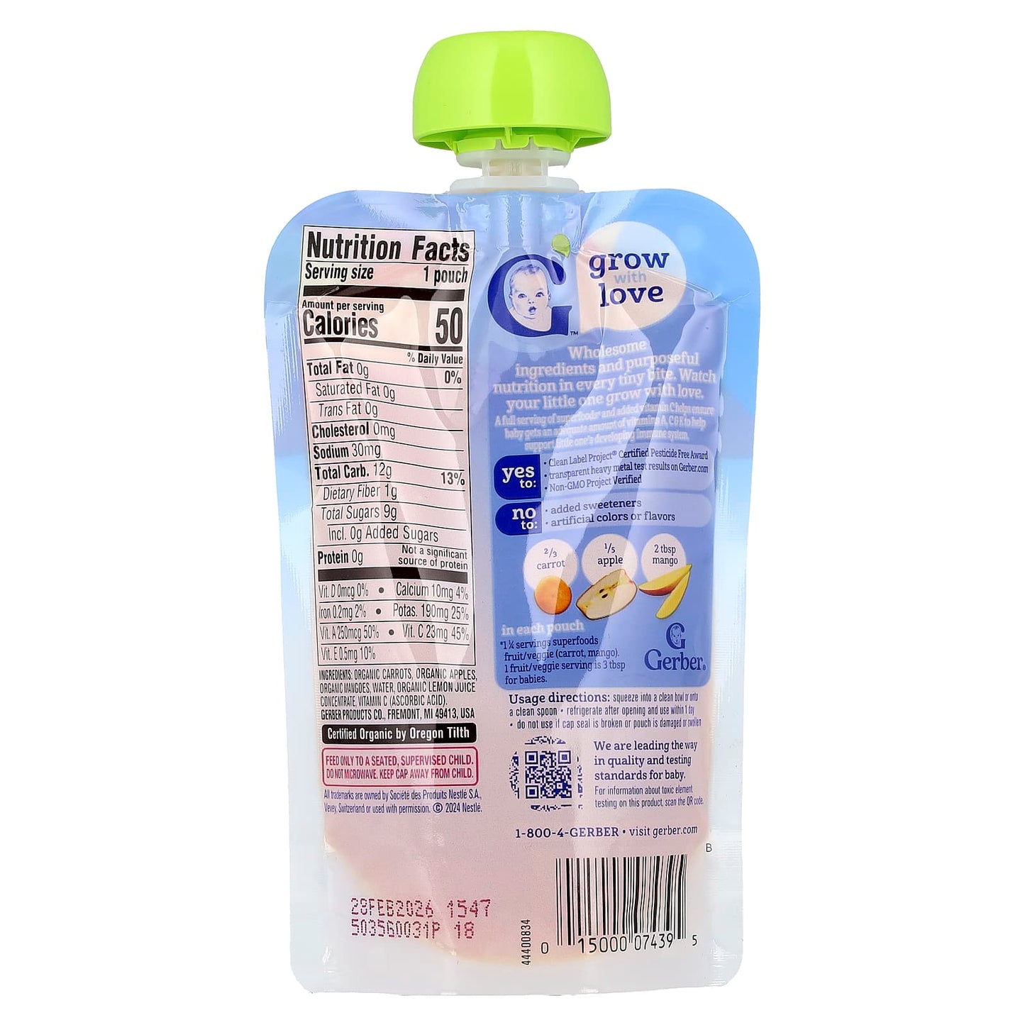 Gerber Organic Puree, 2nd Foods Carrot Apple Mango, 3.5 oz - Image 2