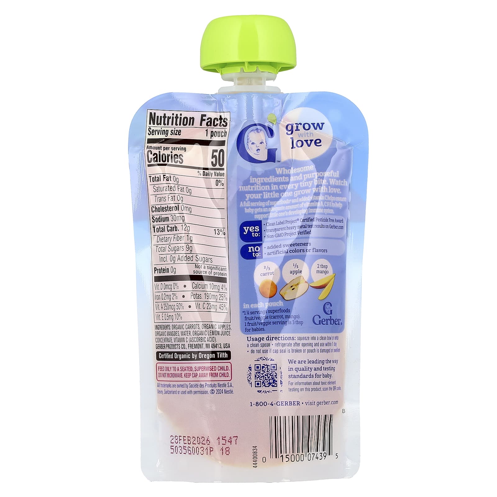 Gerber Organic Puree, 2nd Foods Carrot Apple Mango, 3.5 oz - Image 2