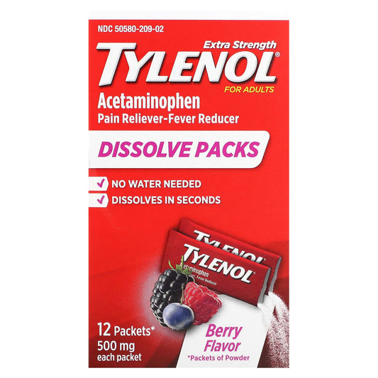 Tylenol, Extra Strength Acetaminophen Dissolve Packs  for Adults, Berry Flavor, 500 mg, 12 Packets of Powder - Image 1