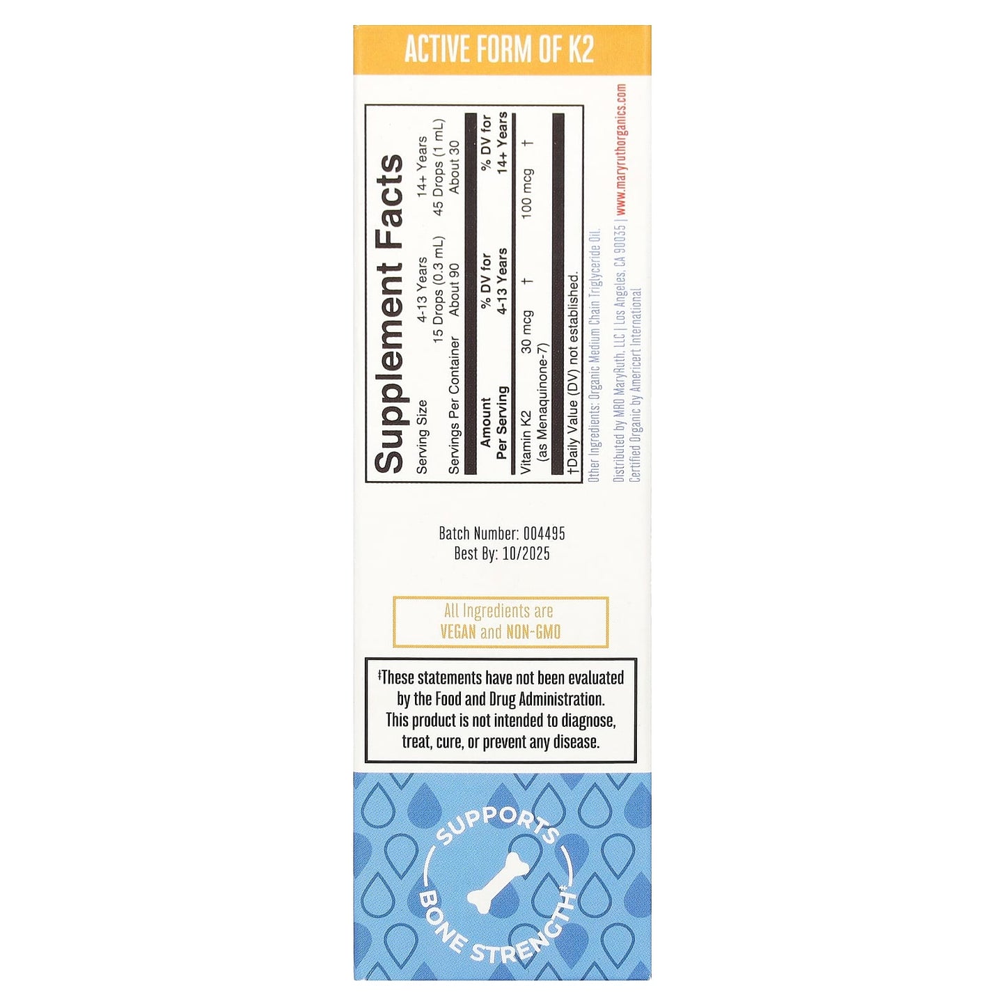 MaryRuth's, Organic Vegan K2 MK7 Liquid Drops, Unflavored, 1 fl oz (30 ml) - Image 2