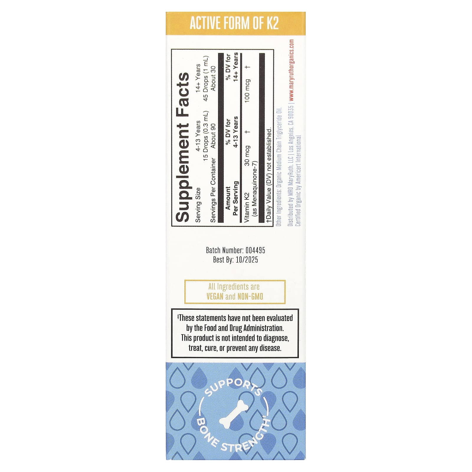 MaryRuth's, Organic Vegan K2 MK7 Liquid Drops, Unflavored, 1 fl oz (30 ml) - Image 2