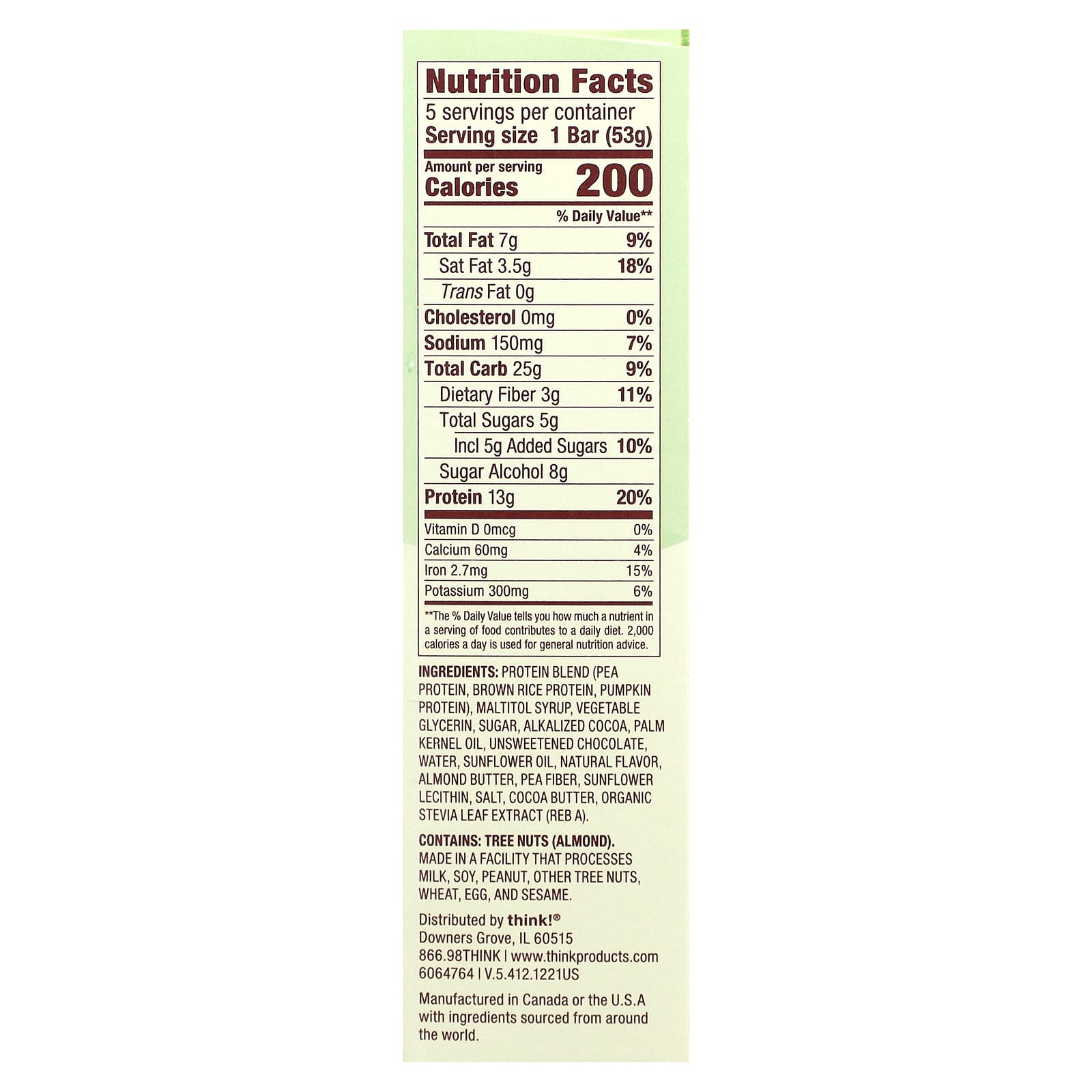 Think !, High Protein Bars, Chocolate Mint, 5 Bars, 1.86 oz (53 g) Each - Image 2