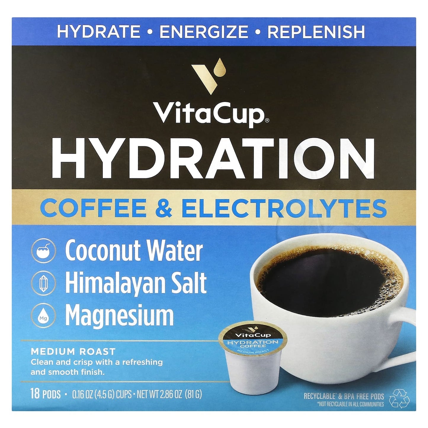VitaCup, Hydration Coffee & Electrolytes, Medium Roast, 18 Pods, 0.16 oz (4.5 g) Each - Image 1
