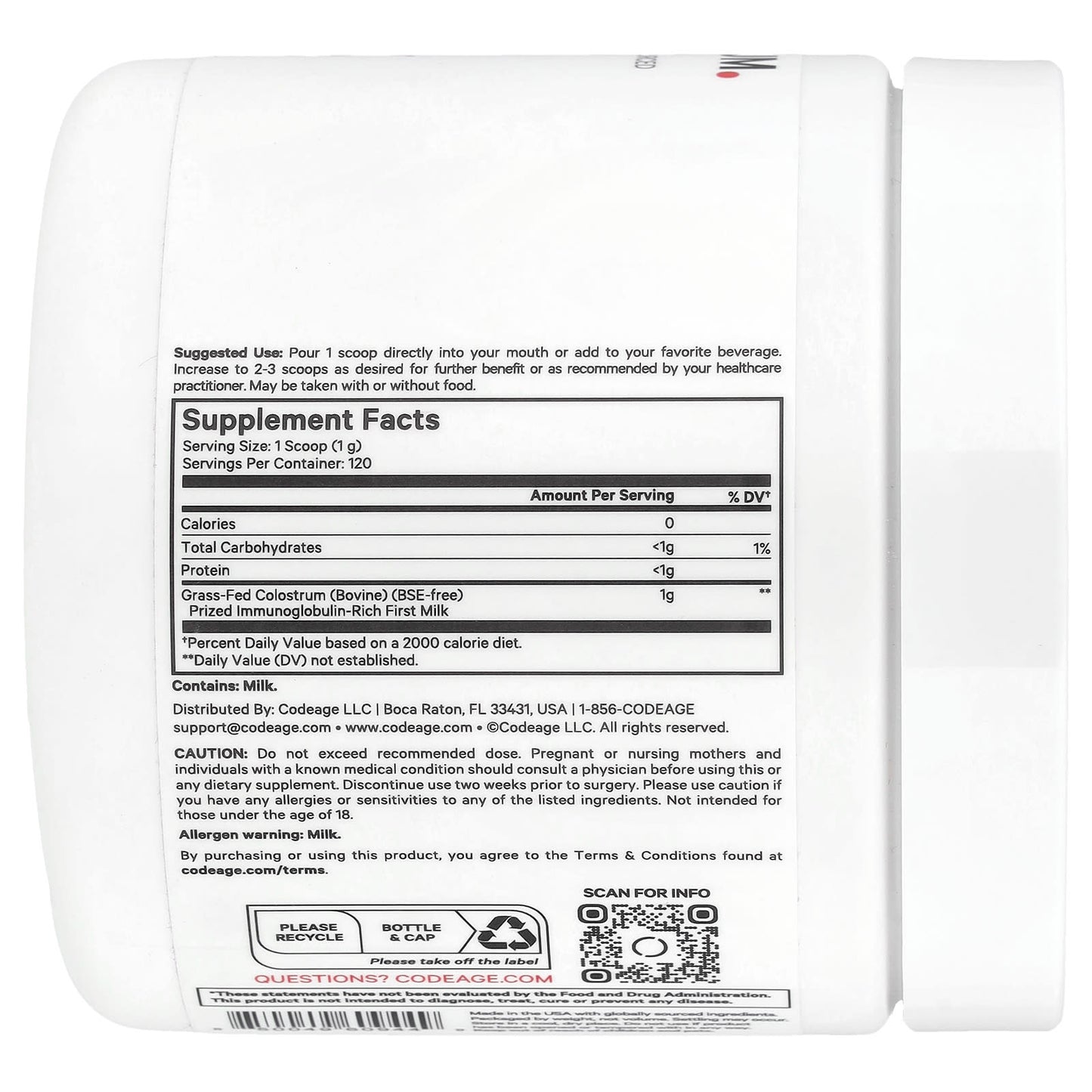 Codeage Bovine Colostrum Powder, Unflavored, 120g, Grass-Fed & Ethically Sourced - Image 2