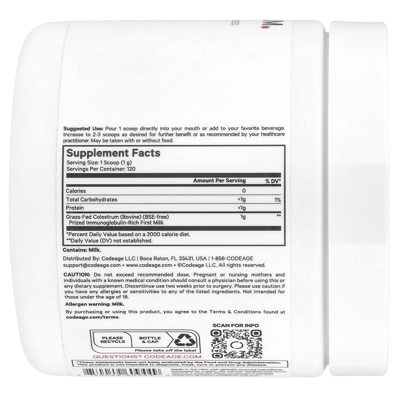 Codeage Bovine Colostrum Powder, Unflavored, 120g, Grass-Fed & Ethically Sourced - Image 2