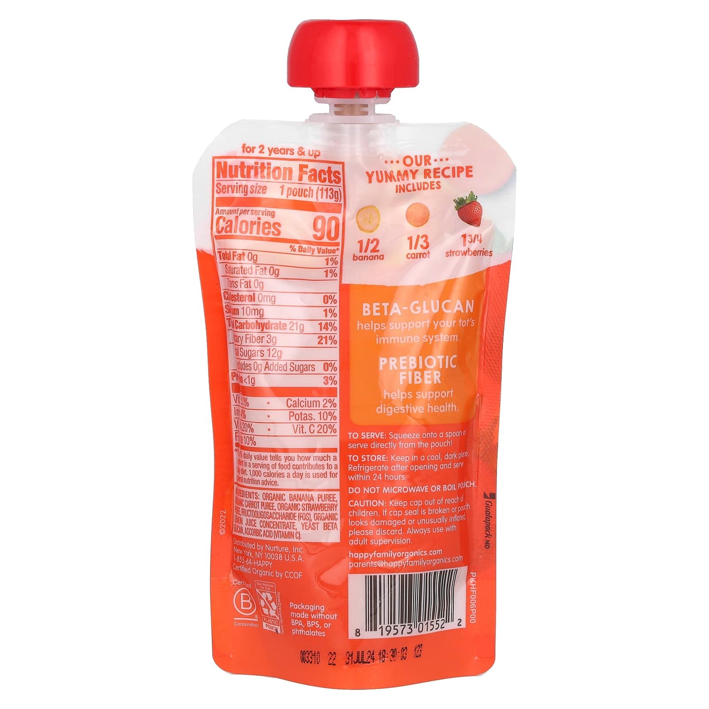 Happy Family Organics, Organic Toddler Pouch - Banana, Carrot & Strawberry - Image 2