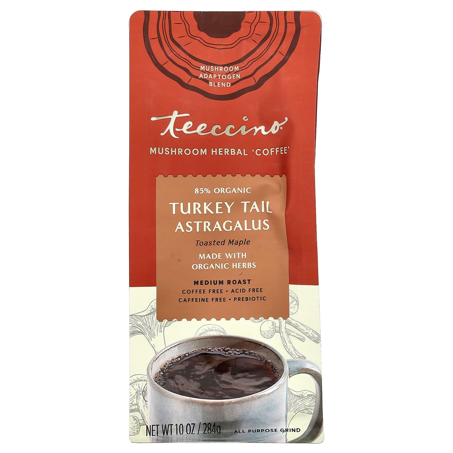 Teeccino, Mushroom Herbal Coffee, Turkey Tail Astragalus, Toasted Maple, Medium Roast, Caffeine Free, 10 oz (284 g) - Image 1