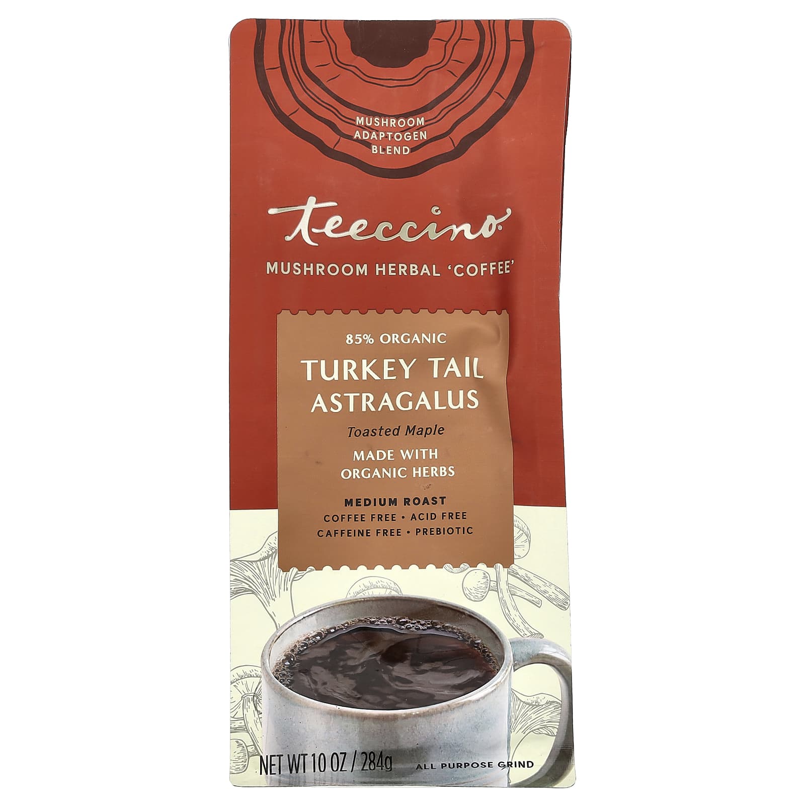 Teeccino, Mushroom Herbal Coffee, Turkey Tail Astragalus, Toasted Maple, Medium Roast, Caffeine Free, 10 oz (284 g) - Image 1