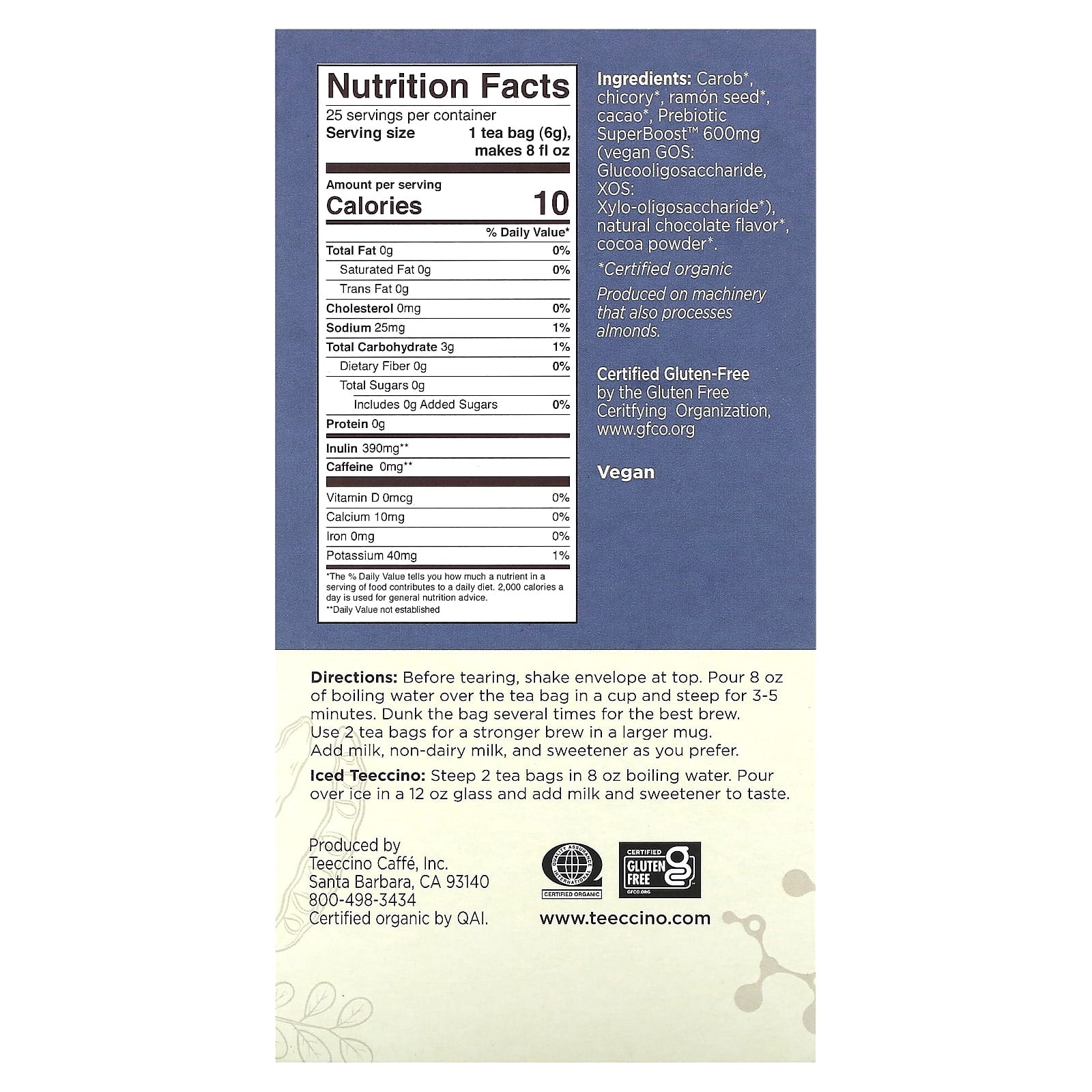 Teeccino, Prebiotic Herbal Tea, Dark Chocolate, Caffeine Free, 25 Tea Bags, 5.3 oz (150 g) - Image 2