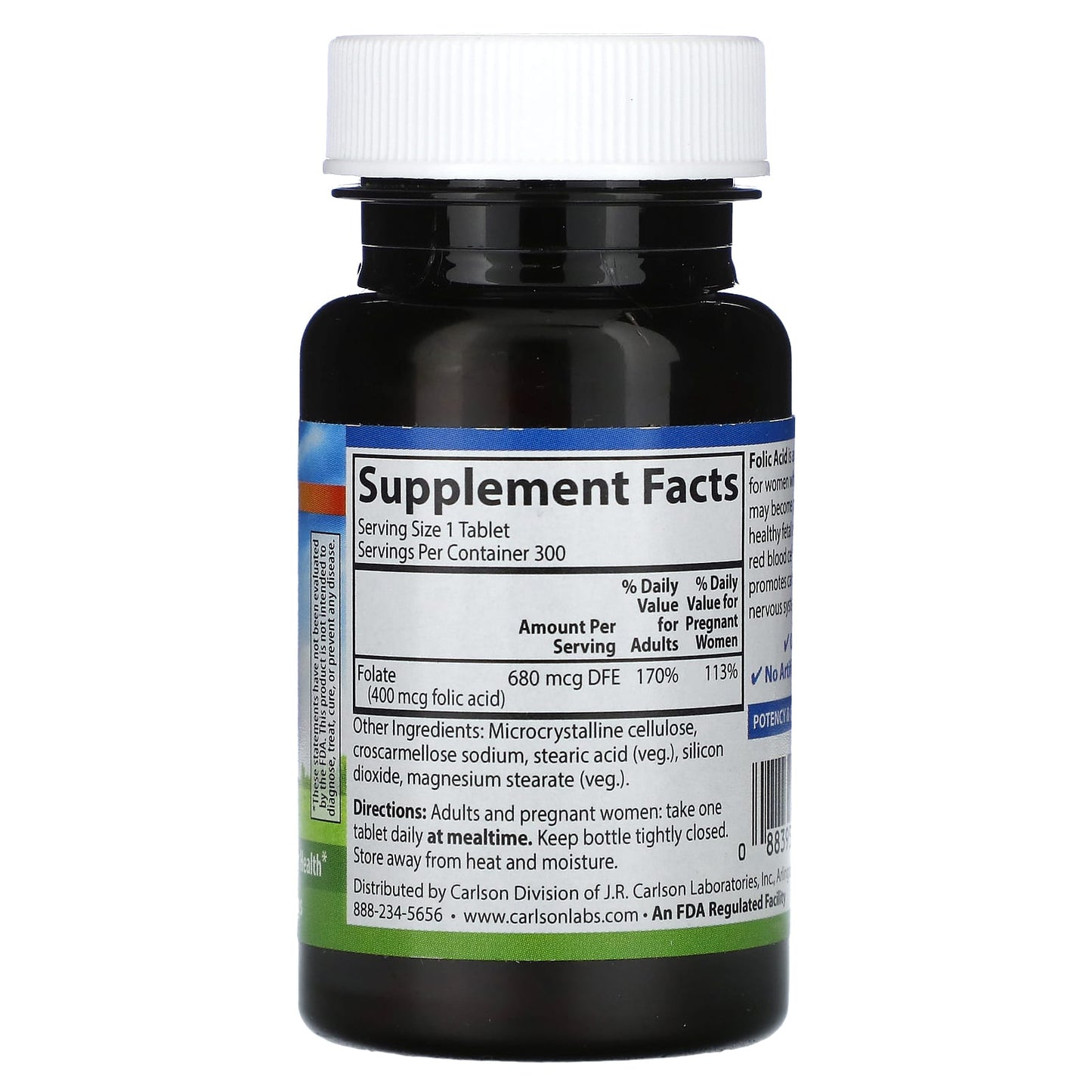Carlson Folic Acid 400 mcg for Healthy Fetal Development & Heart Health - 300 Tablets - Image 2