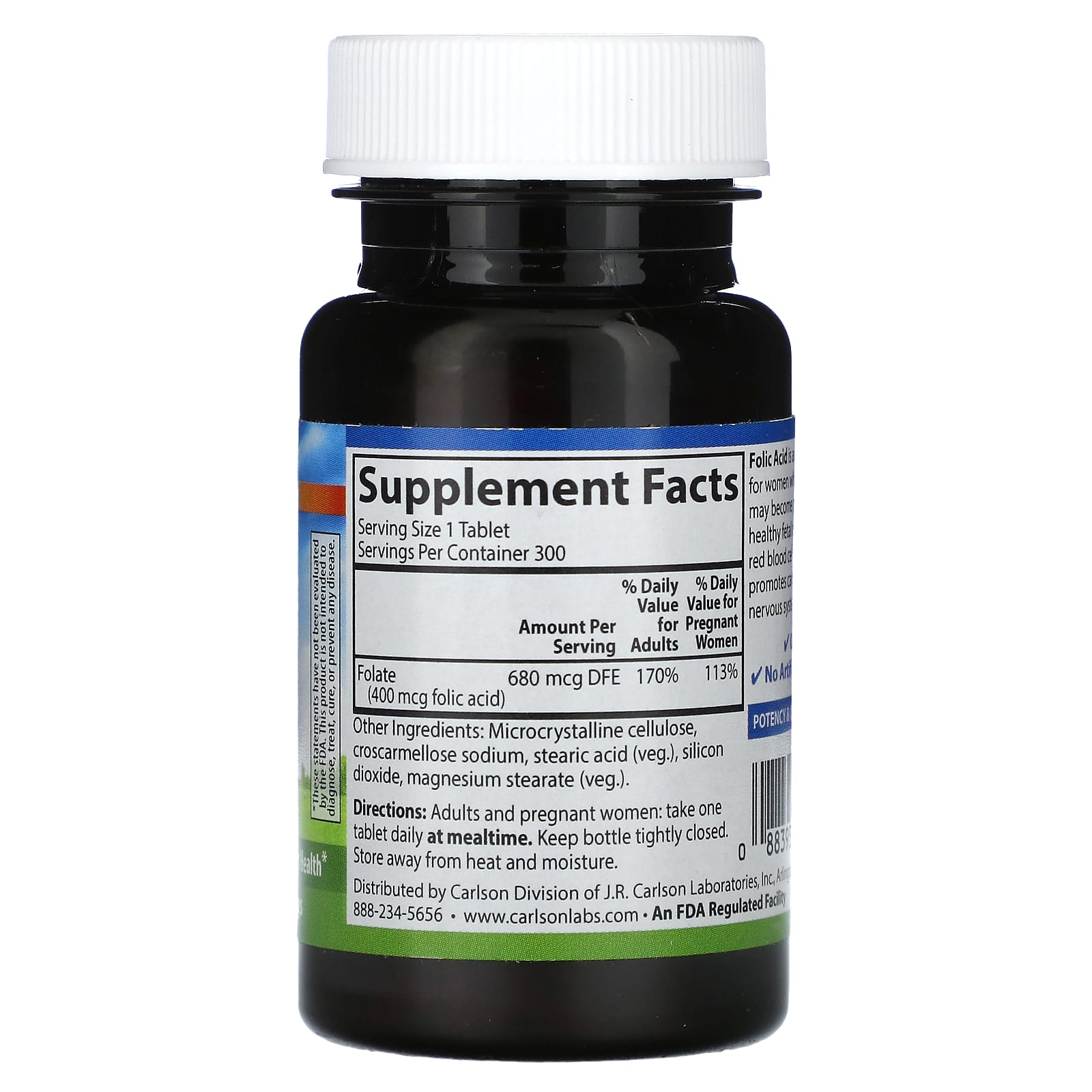 Carlson Folic Acid 400 mcg for Healthy Fetal Development & Heart Health - 300 Tablets - Image 2