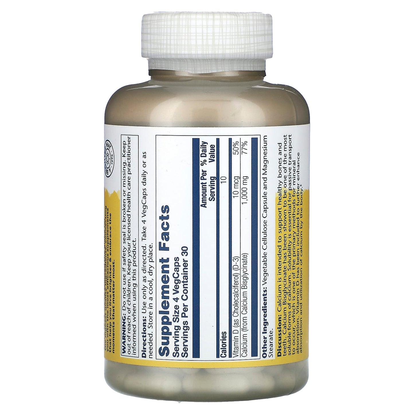 Solaray, Calcium Bisglycinate, With Vitamin D-3, 1,000 mg, 120 VegCaps (250 mg per Capsule) - Image 2