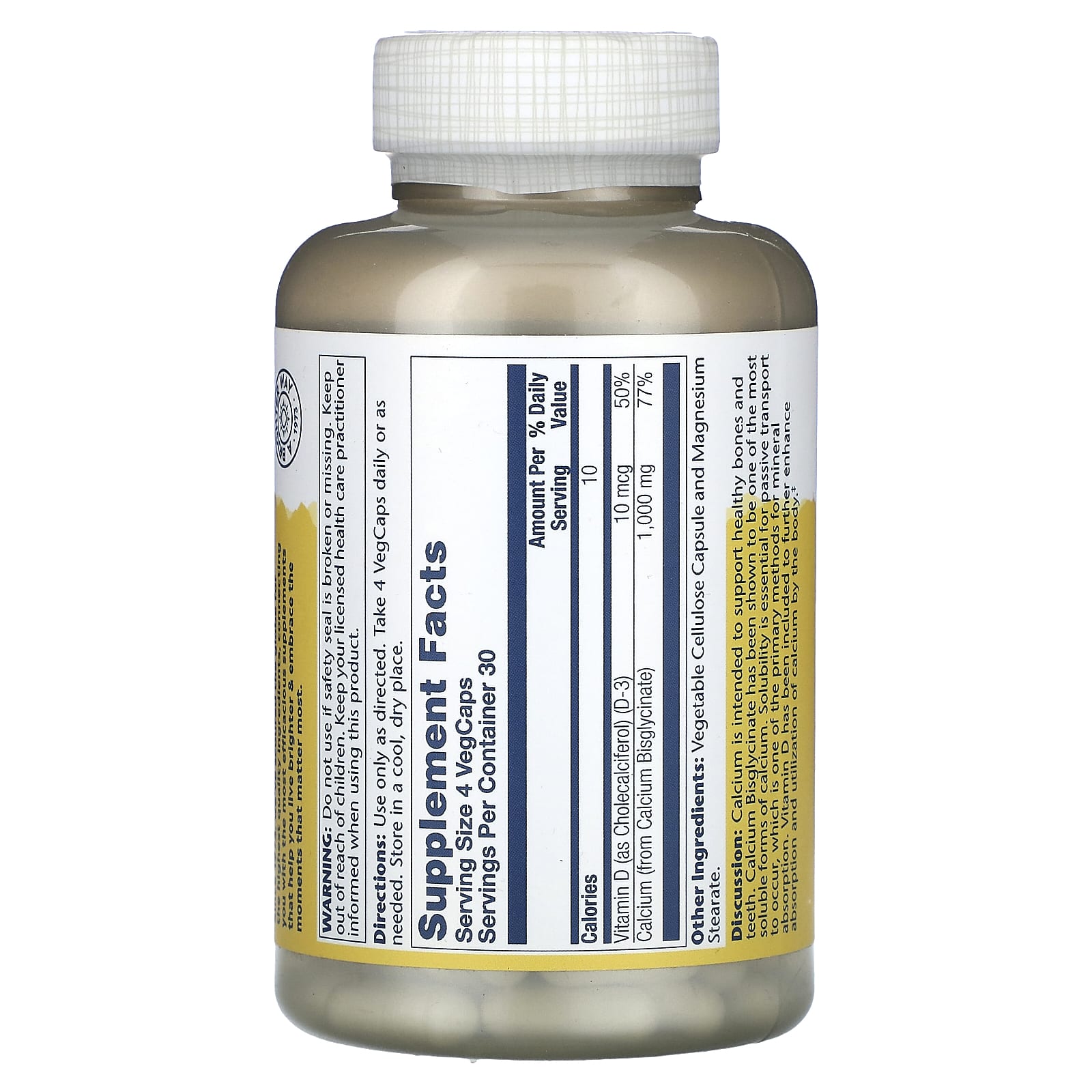 Solaray, Calcium Bisglycinate, With Vitamin D-3, 1,000 mg, 120 VegCaps (250 mg per Capsule) - Image 2