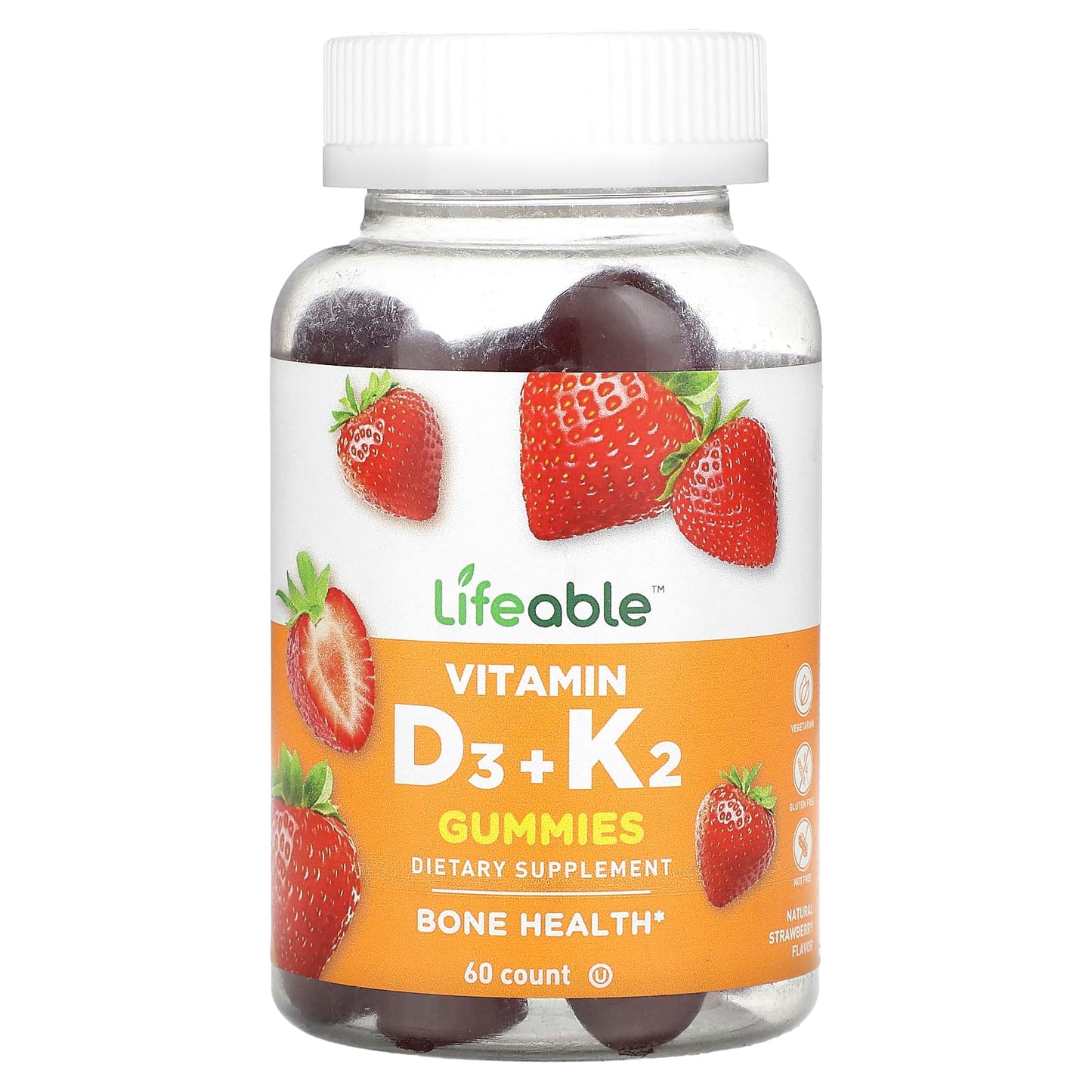 Lifeable, Vitamin D3 + K2 Gummies, Natural Strawberry, 60 Gummies - Image 1