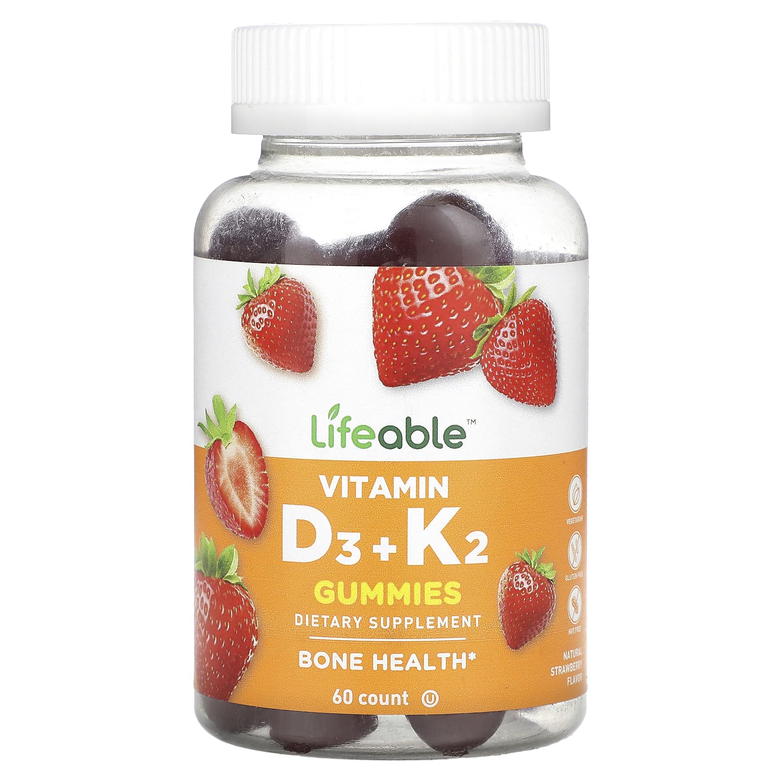 Lifeable, Vitamin D3 + K2 Gummies, Natural Strawberry, 60 Gummies - Image 1
