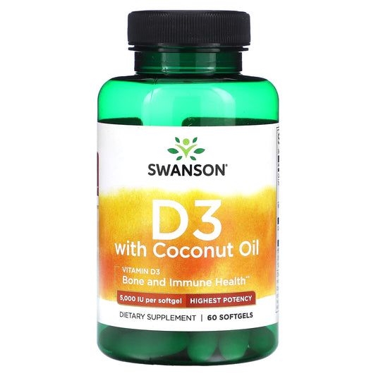 Swanson, D3 with Coconut Oil, Highest Potency, 125 mcg (5,000 IU), 60 Softgels