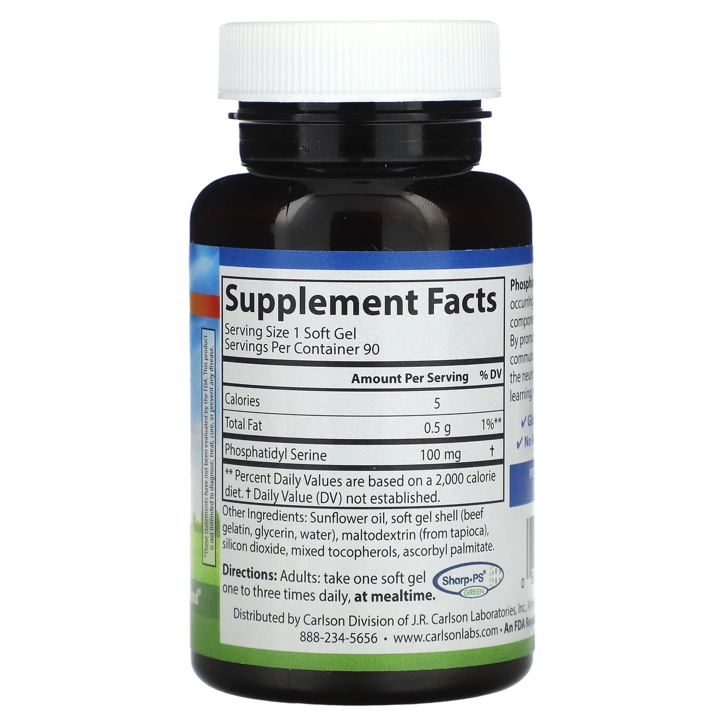 Carlson Phosphatidyl Serine Brain Support Supplement 100mg 90 Soft Gels - Image 2
