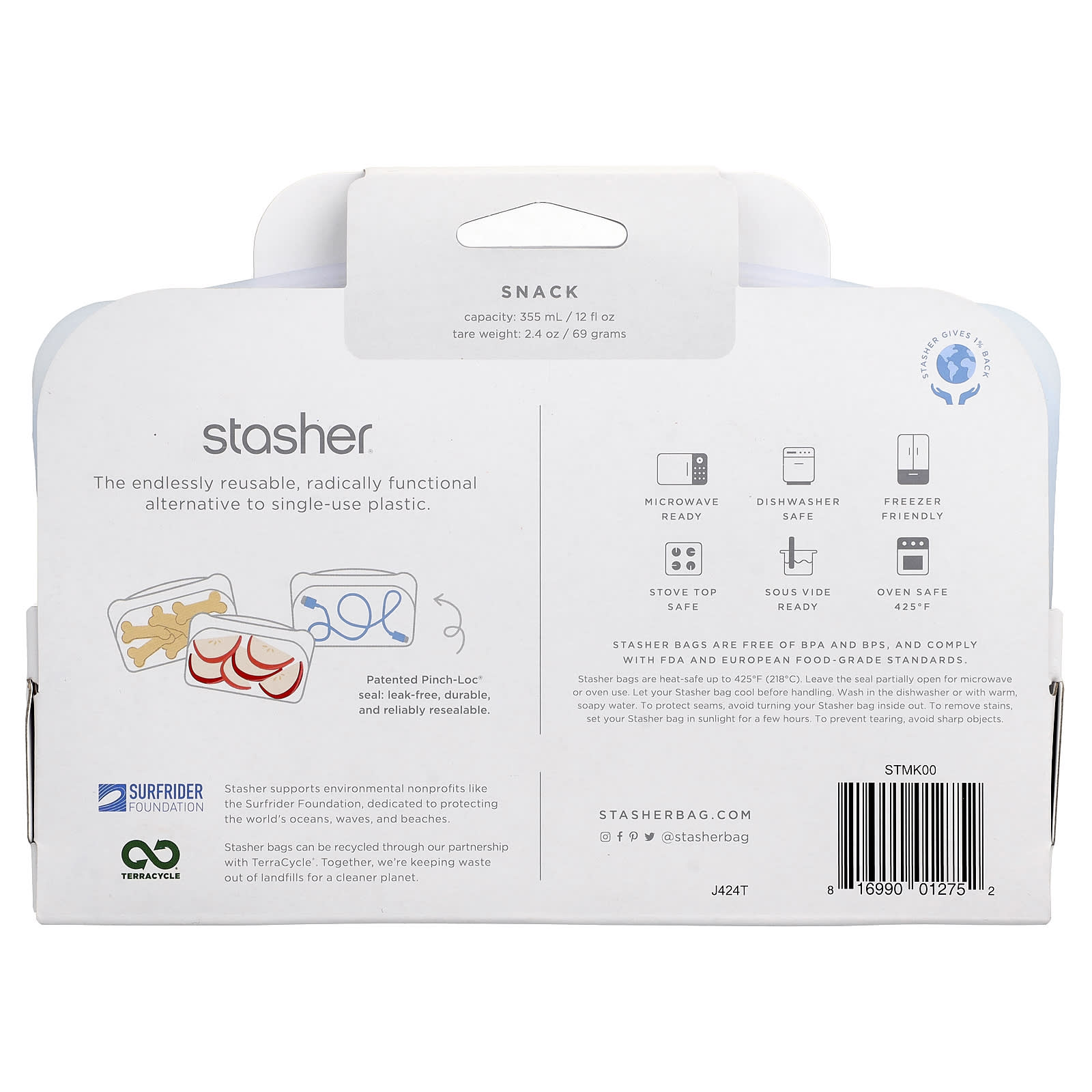 Stasher, Reusable Silicone Food Bag, Snack Size, Clear, 12 fl oz (355 ml) - Image 2