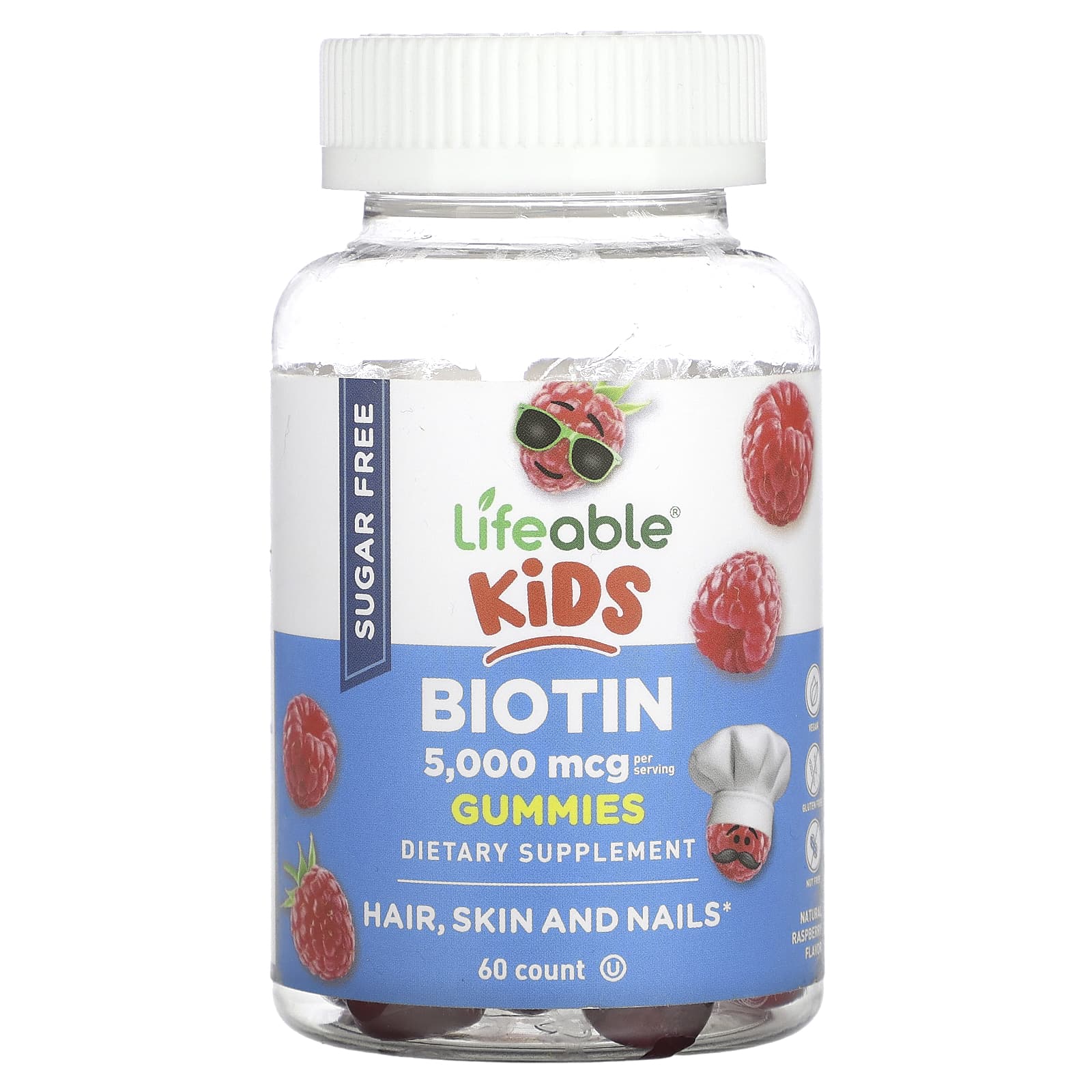 Lifeable, Kids Biotin Gummies, Sugar Free, Natural Raspberry, 60 Gummies (2,500 mcg per Gummy) - Image 1