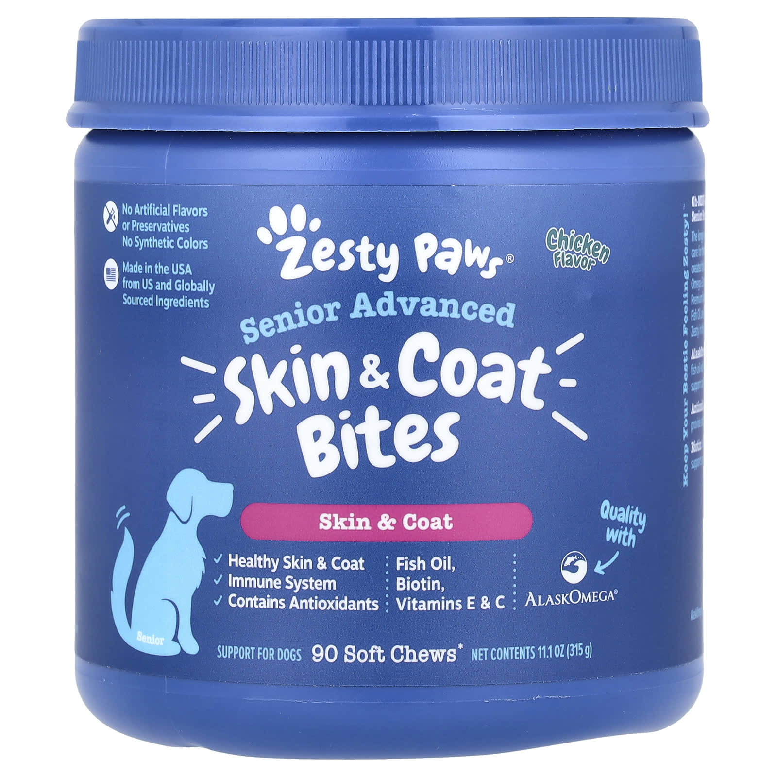 Zesty Paws, Senior Advanced, Skin & Coat Bites, For Dogs, Chicken, 90 Soft Chews, 11.1 oz (315 g) - Image 1