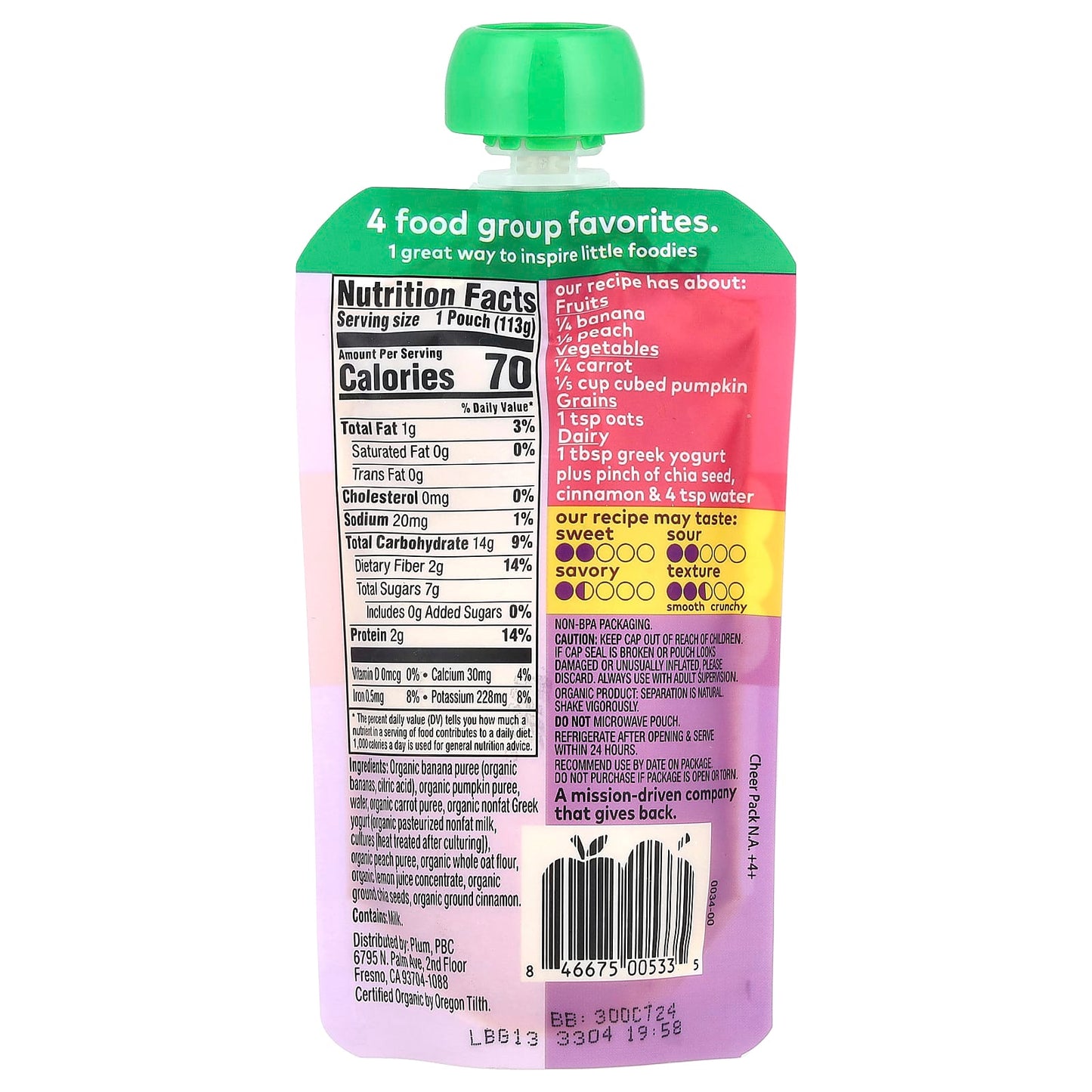 Plum Organics, Mighty 4®, 4 Food Group Blend, Tots, Banana, Peach, Pumpkin, Carrot, Greek Yogurt, Oat, 4 oz (113 g) - Image 2