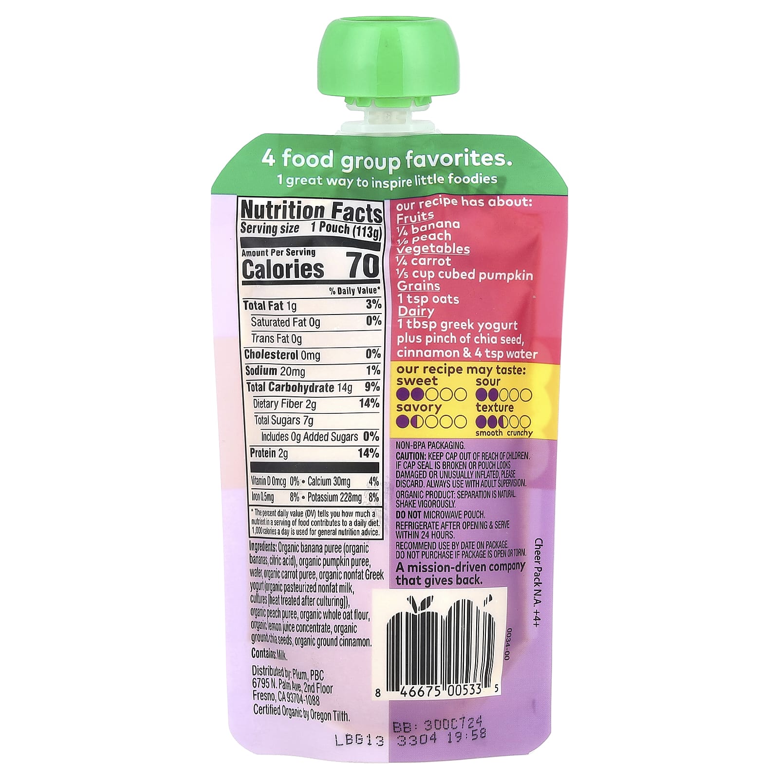 Plum Organics, Mighty 4®, 4 Food Group Blend, Tots, Banana, Peach, Pumpkin, Carrot, Greek Yogurt, Oat, 4 oz (113 g) - Image 2