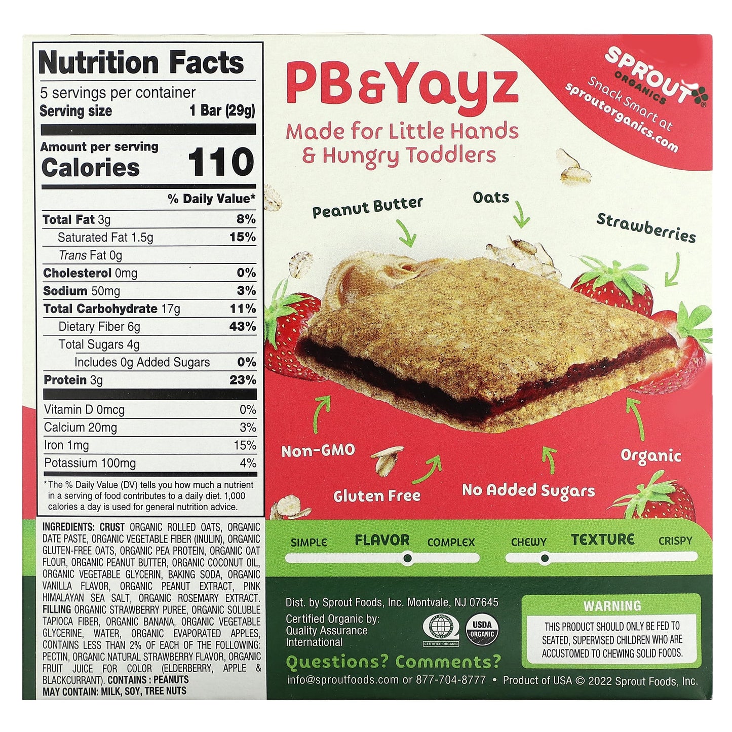Sprout Organics, PB & Yayz, Organic Snack Sized Sandwich Bar, Peanut Butter & Strawberry, 5 Bars, 1.02 oz (29 g) Each - Image 2
