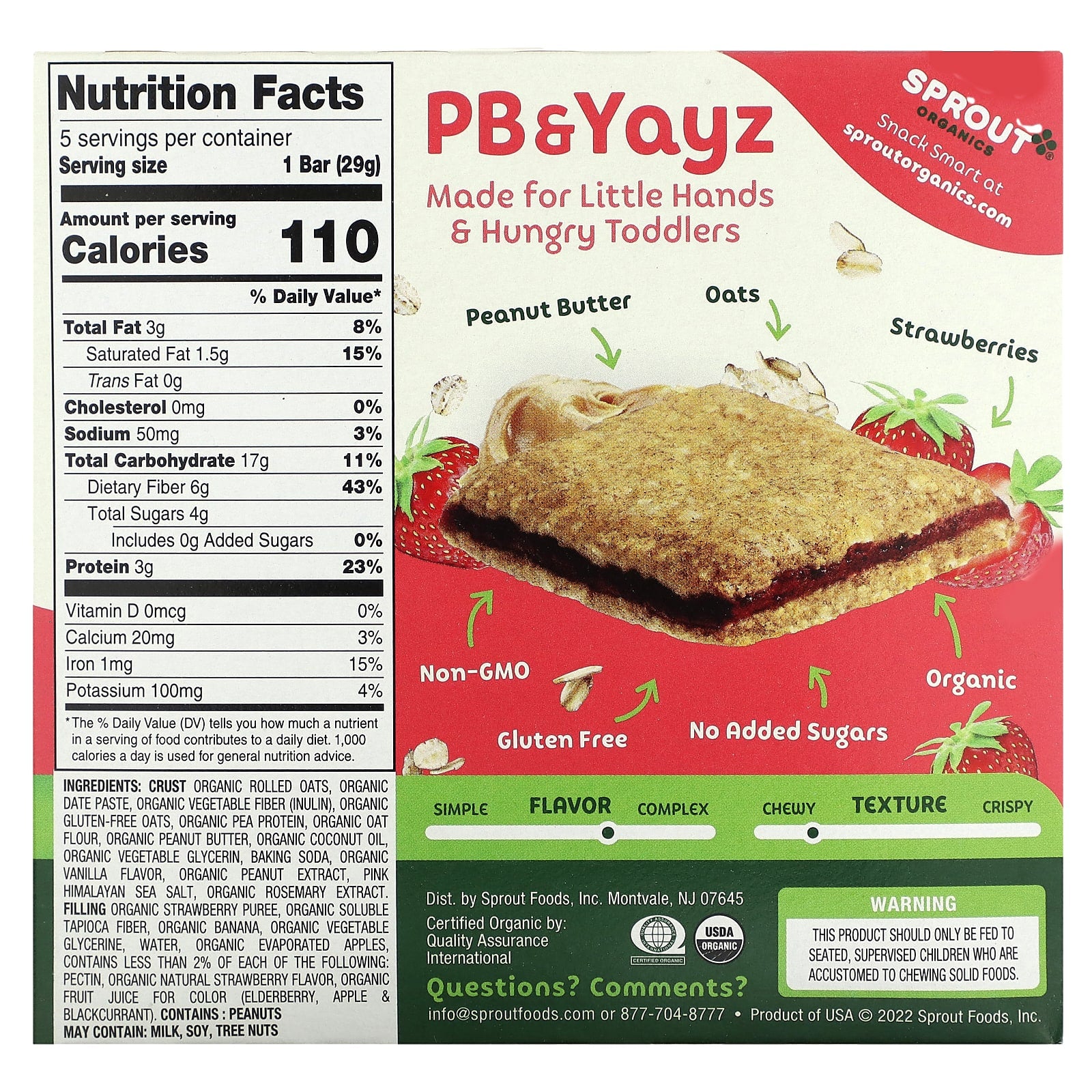 Sprout Organics, PB & Yayz, Organic Snack Sized Sandwich Bar, Peanut Butter & Strawberry, 5 Bars, 1.02 oz (29 g) Each - Image 2