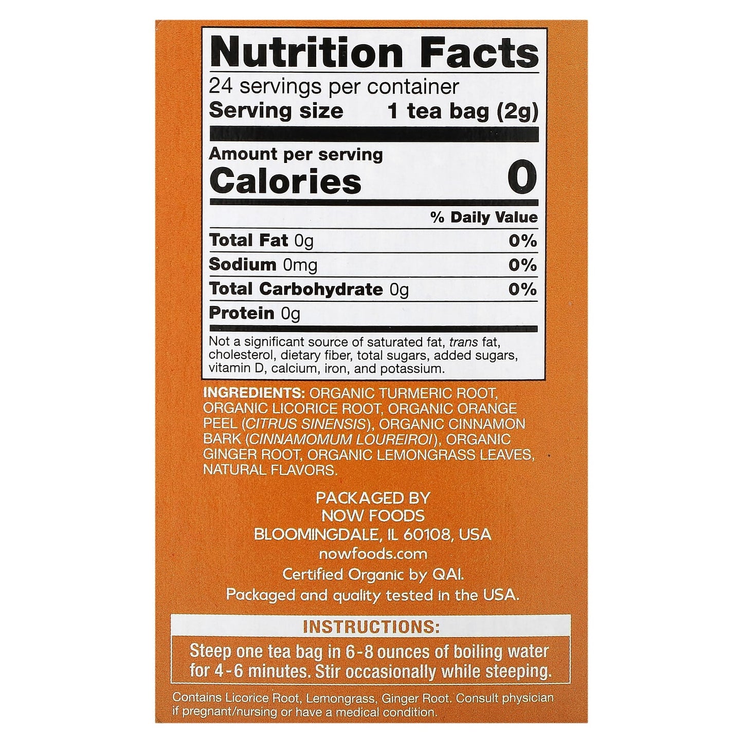 NOW Foods, Organic Turmeric Ginger, Caffeine Free , 24 Tea Bags, 1.7 oz (48 g) - Image 2