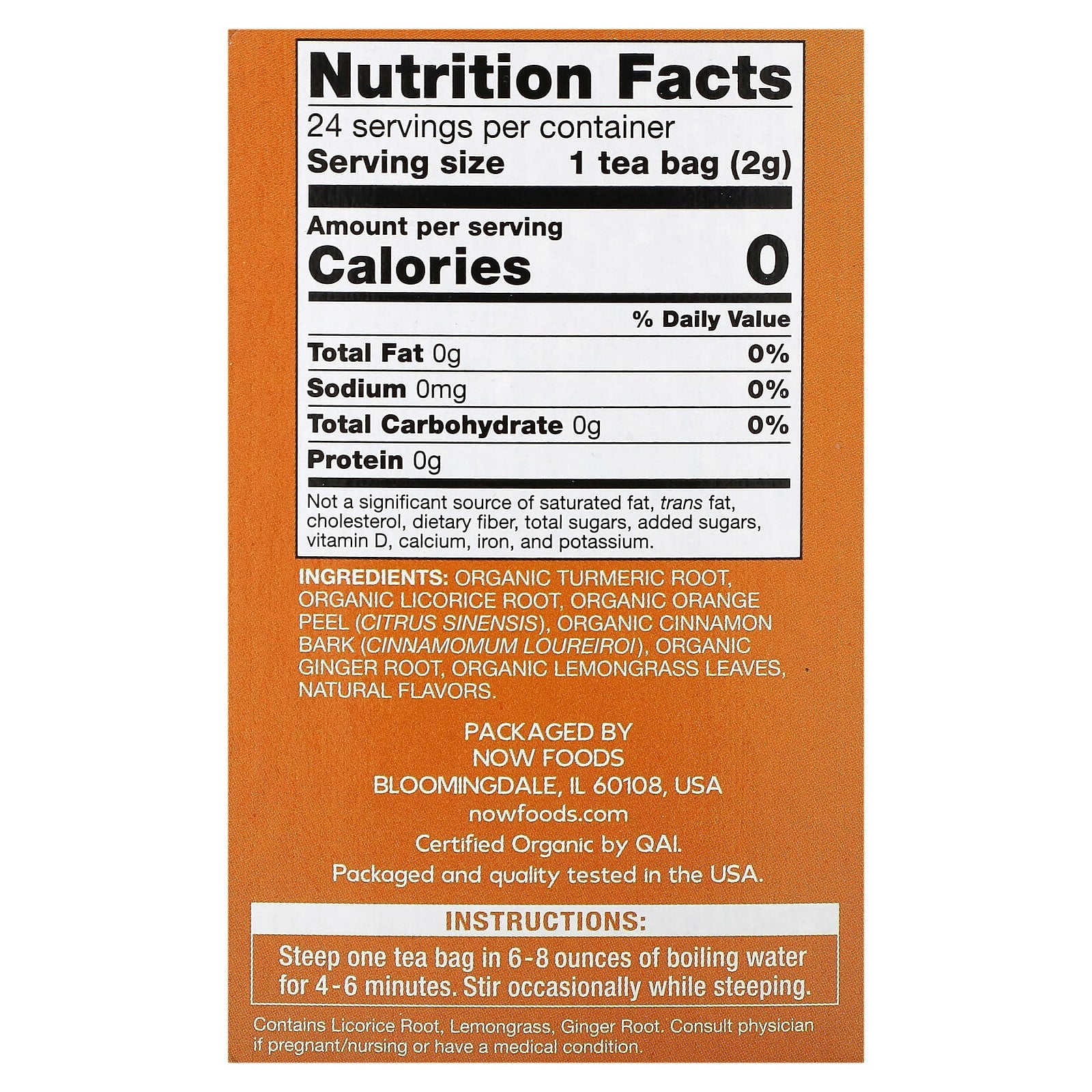 NOW Foods, Organic Turmeric Ginger, Caffeine Free , 24 Tea Bags, 1.7 oz (48 g) - Image 2